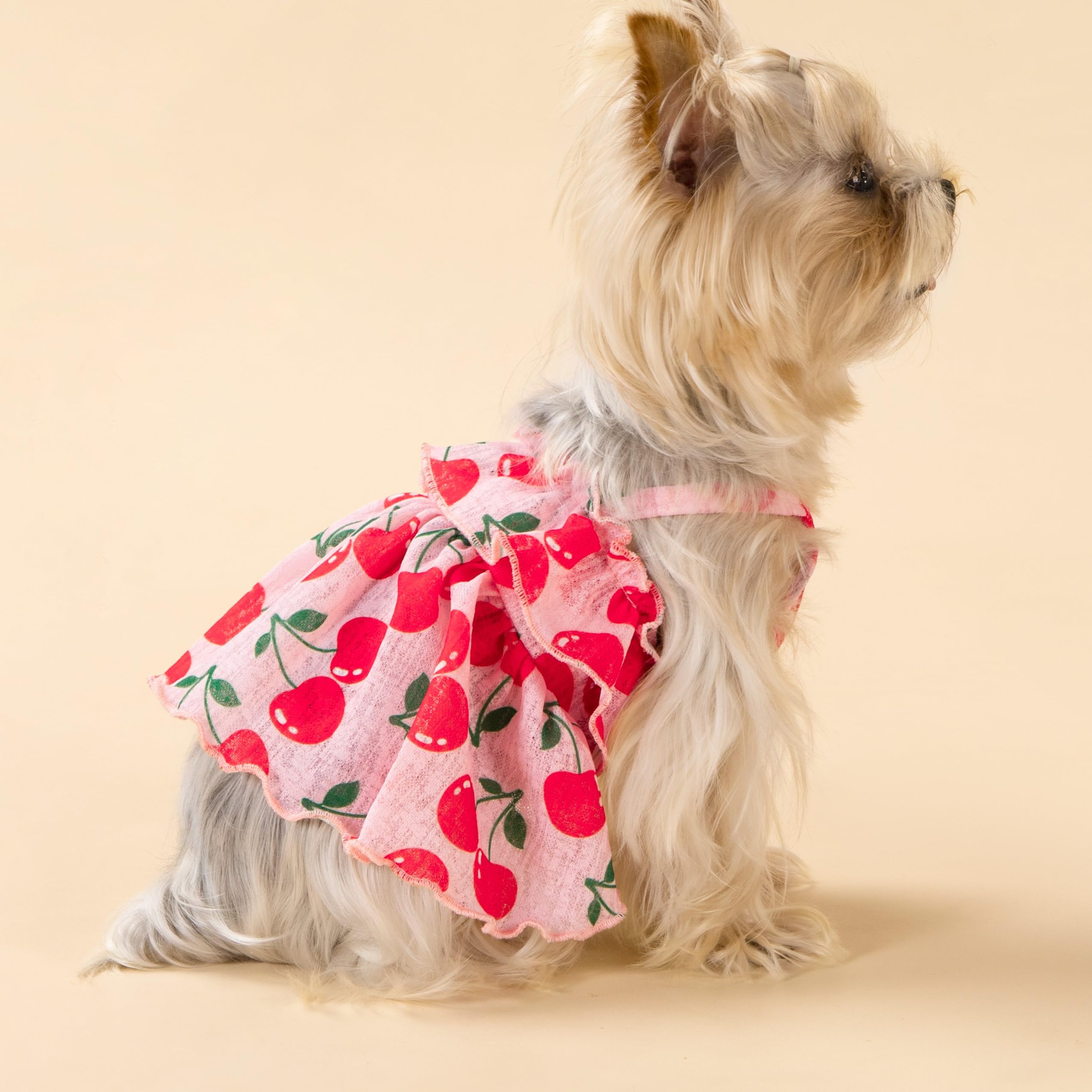 Fitwarm Cherry Print Dog Dress for Small Dogs - Ruffled Hawaiian Style Pet Outfit in Pink & Red (XS) - Perfect for Summer Parties, Beach Trips & Photo Shoots