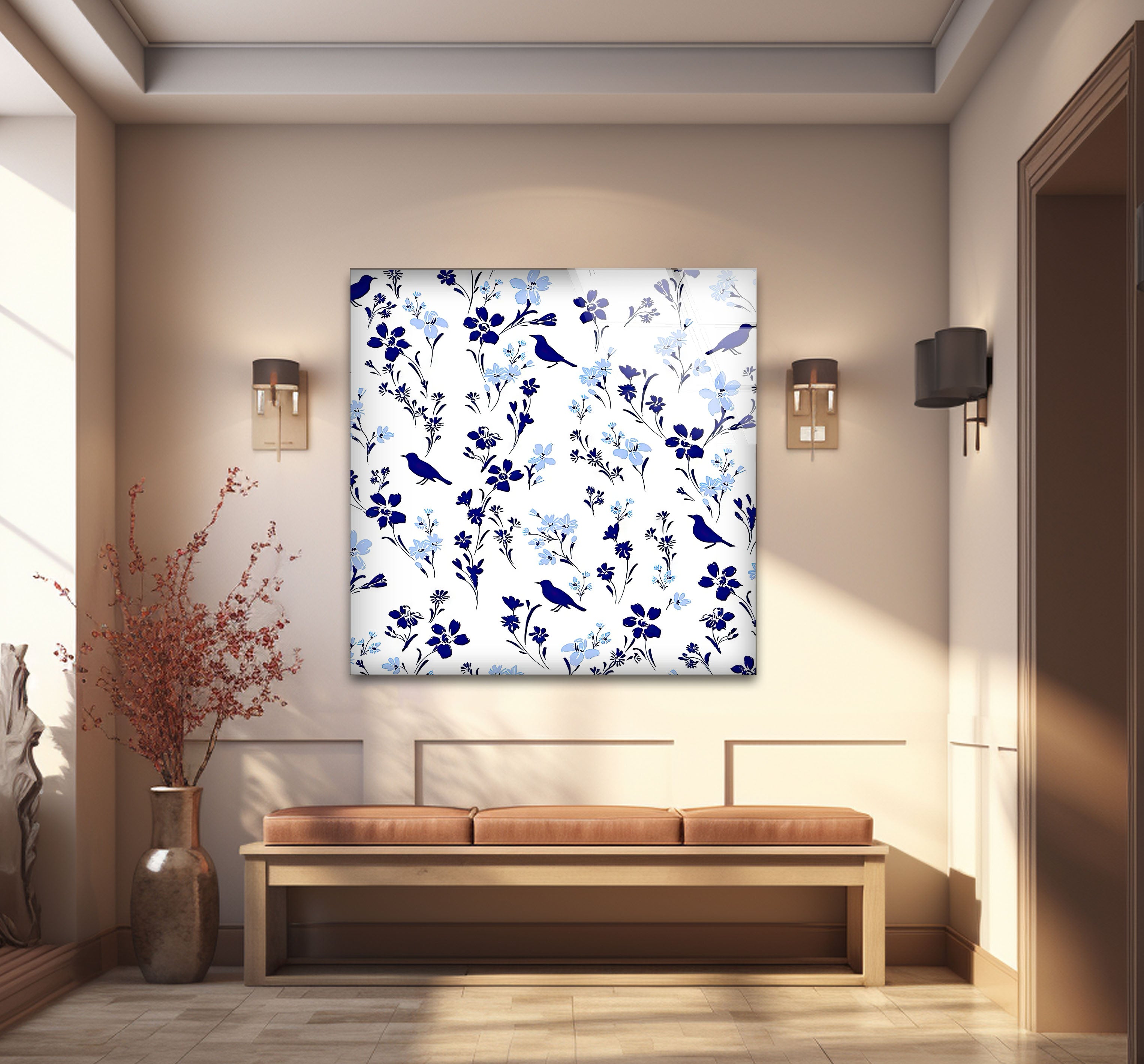 Blue Bird and Wildflower Wall Art Print - Elegant Floral Glass Decor for Nature Lovers | Perfect for Living Room, Bedroom & Office Decor