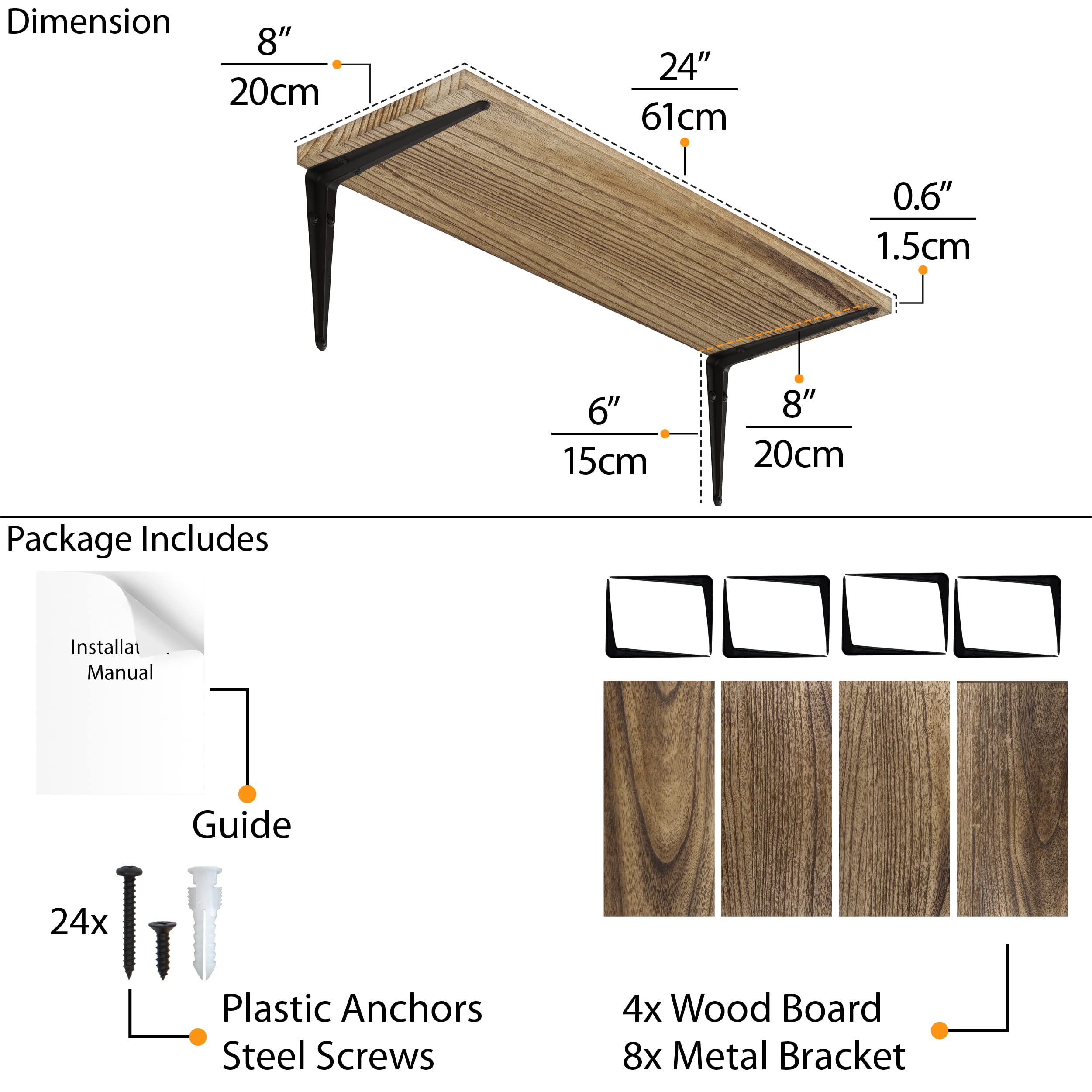 Wallniture Arras 24x8 Inch Floating Shelves Set of 4 - Rustic Burnt Finish Wall Mounted Shelves for Home Decor, Bookshelf for Living Room, Kitchen Storage & Bedroom Organization - Perfect for Displaying Books, Plants & Decorative Items
