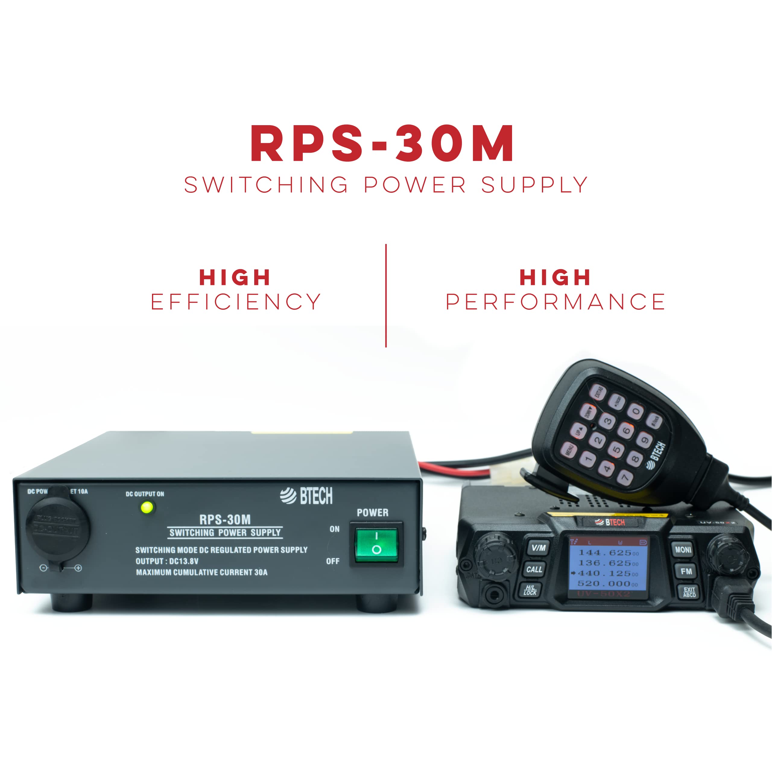 BTECH RPS-30M 30A Compact Regulated Bench Power Supply - 13.8V AC/DC Converter with Screw Terminals & Cigarette Lighter Plug for Car Audio, Ham Radio & Electronics Testing