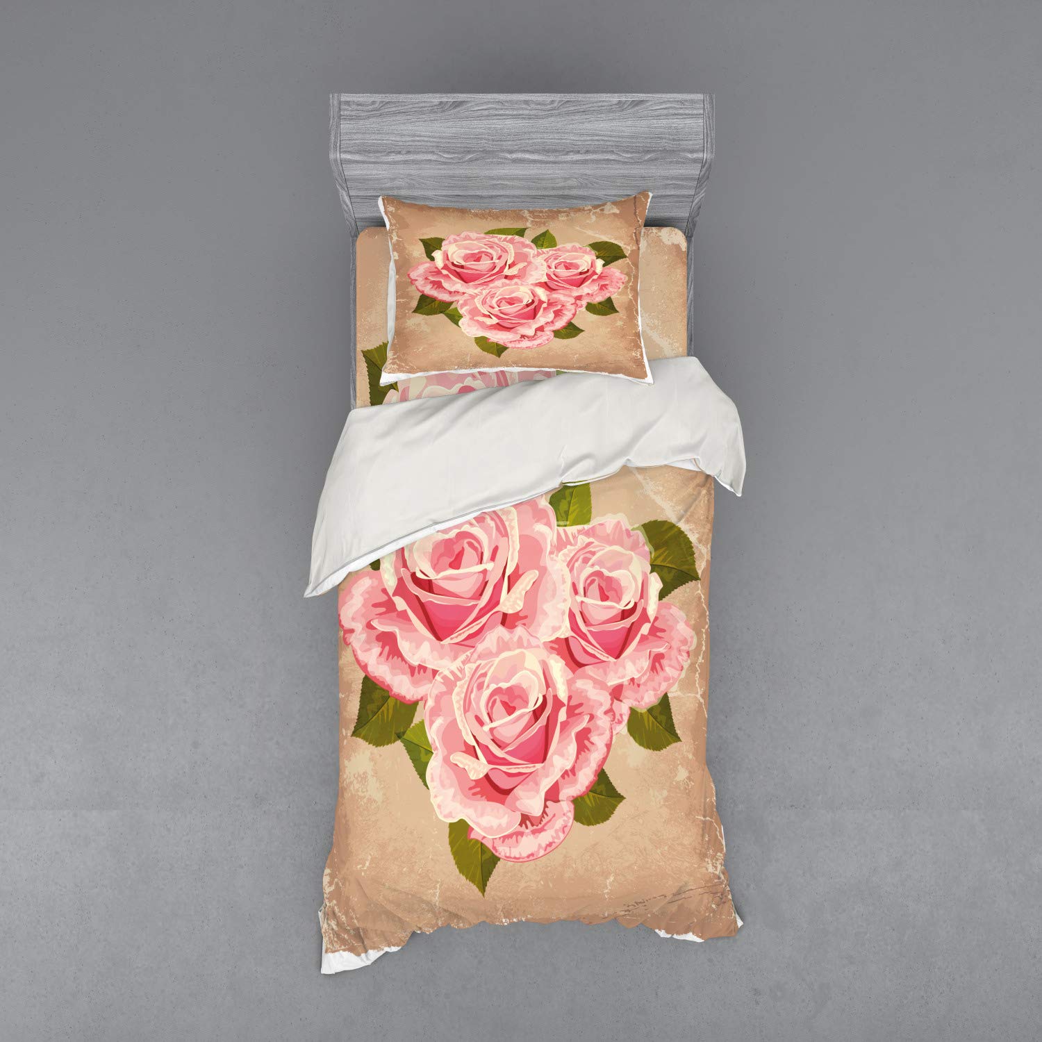 Ambesonne Rose Floral Duvet Cover Set - 3 Piece Twin XL Size, Pink Bouquet Roses Retro Design, Nature Love Romance Theme, Tan Pale Pink Green - Perfect for Bedroom Decor, Guest Room, Dorm, Vintage & Boho Style Home Decor