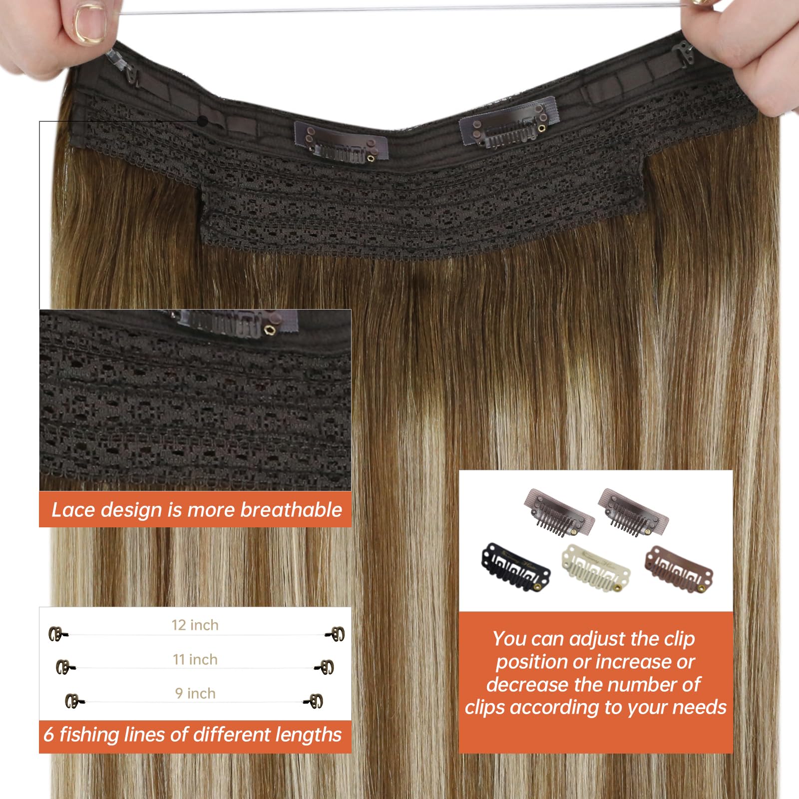 Sunny Hair Extensions 18inch Human Hair Clip-in Extensions - Medium Brown to Platinum Blonde Ombre, 80g Remy Hair for Full Head Coverage | Perfect for Parties, Weddings & Daily Styling