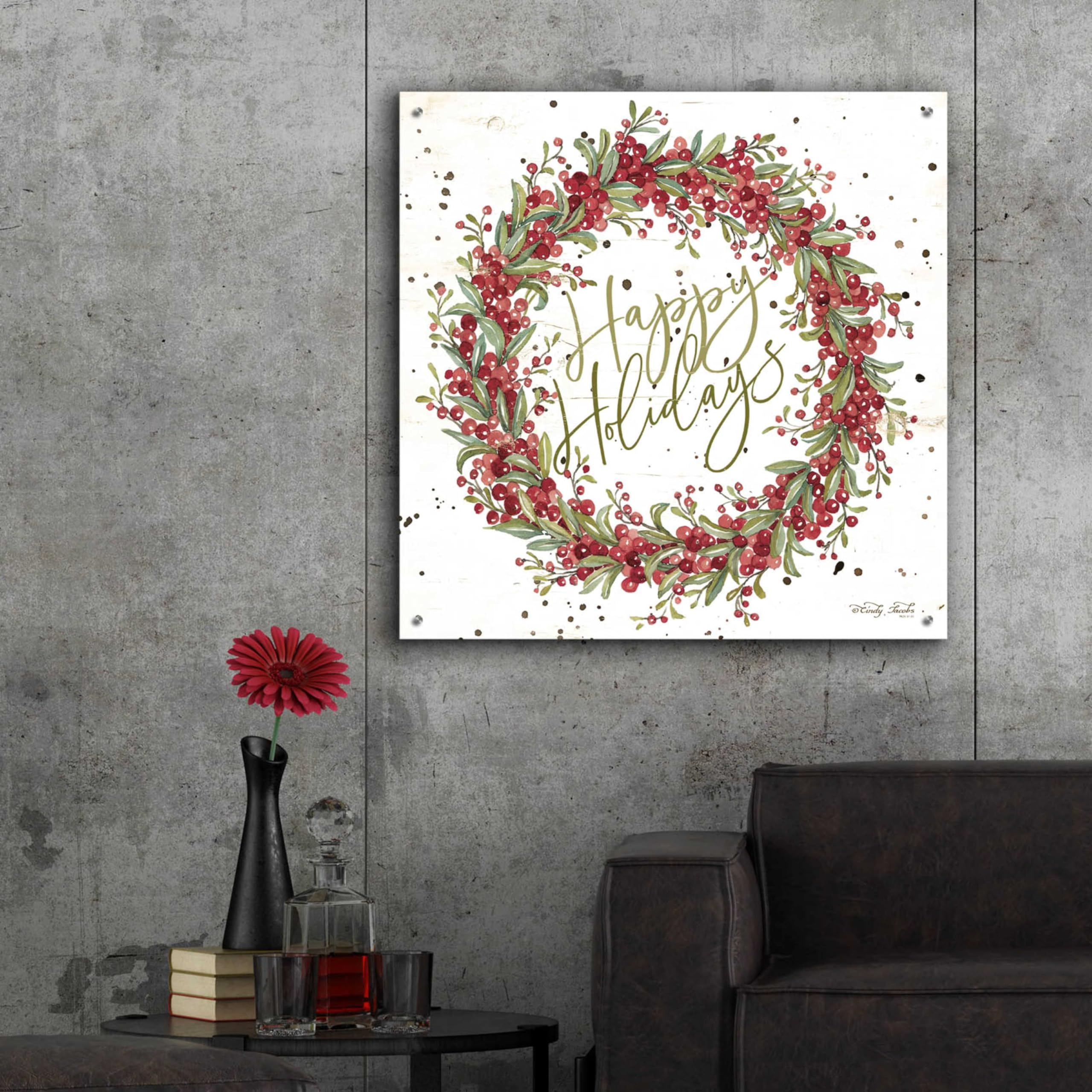 Happy Holidays Berry Wreath Acrylic Glass Wall Art - 36x36 Inch Christmas Decor by Cindy Jacobs - Perfect for Living Room, Bedroom, or Office Holiday Decoration