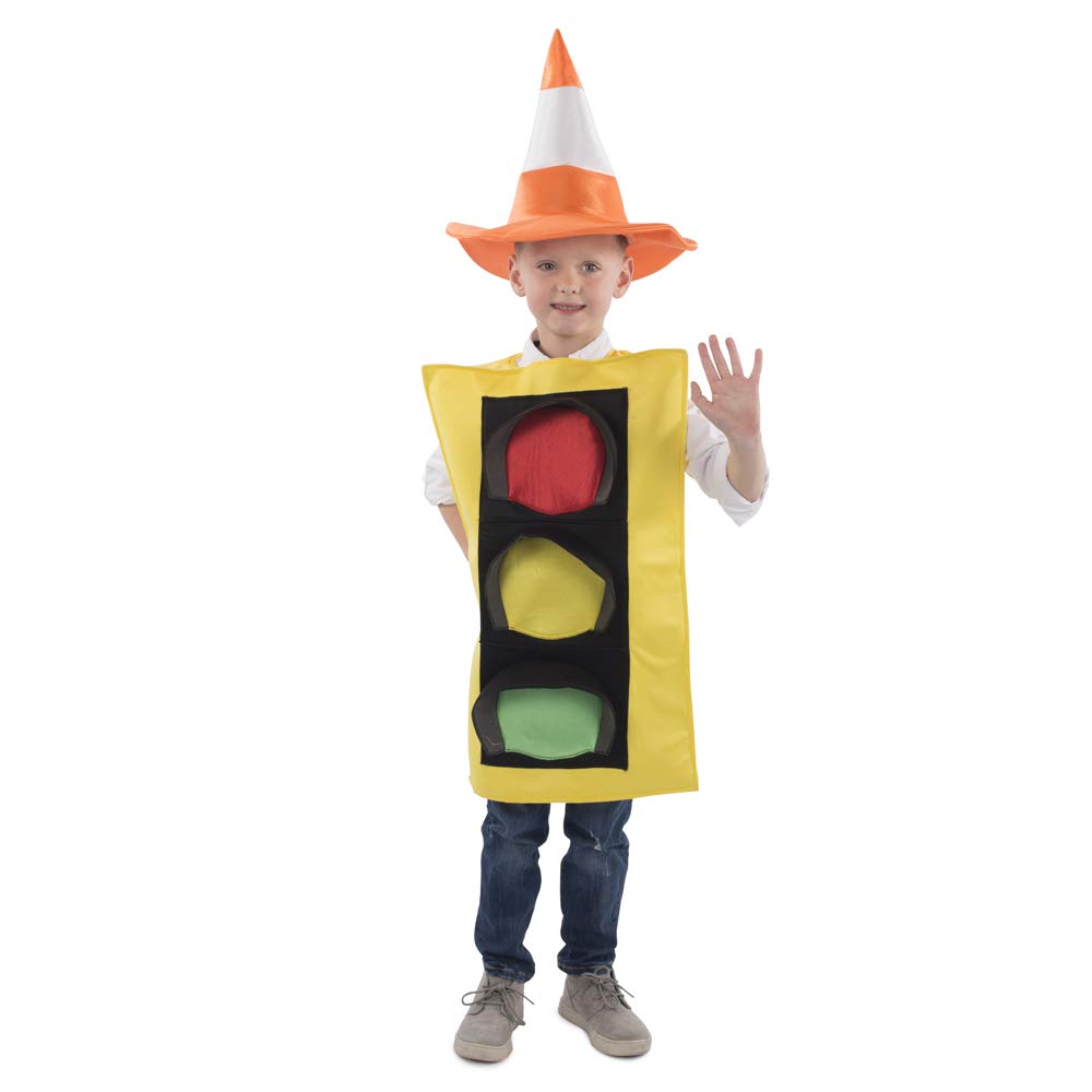 Kids Traffic Light Costume with Safety Cone Hat - Halloween Dress Up, School Play, Road Safety Education Costume for Boys & Girls