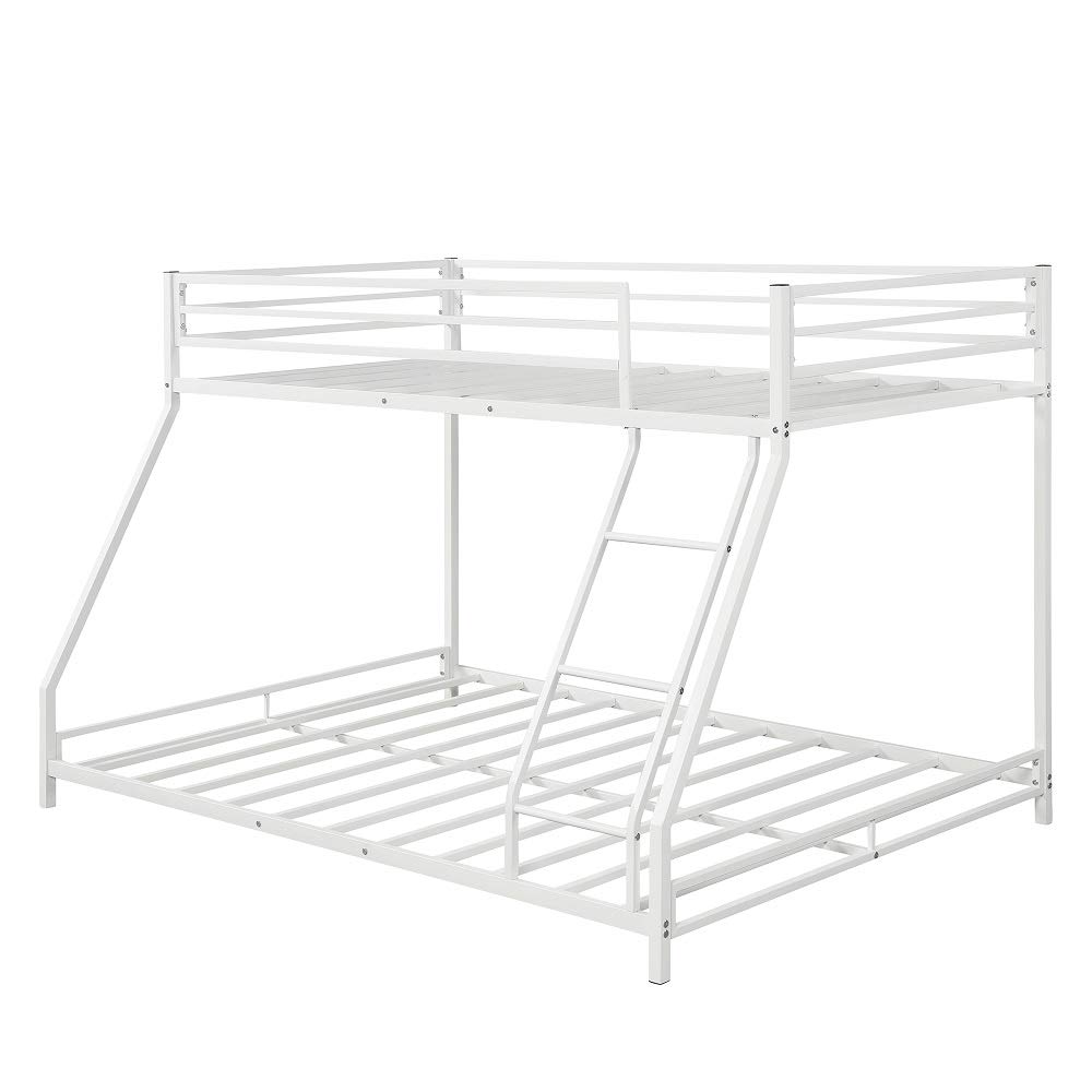 Rhomtree Metal Bunk Bed Frame - Twin Over Full Size with Safety Ladder & Guard Rail - Space Saving Design for Kids, Teens & Adults - Perfect for Bedrooms, Dorm Rooms & Small Spaces (White Finish)