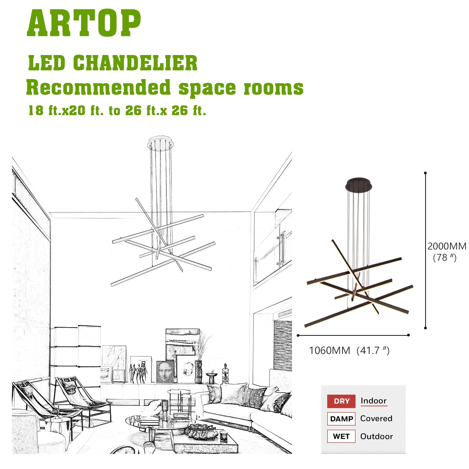 Artop 6-Light Dimmable LED Linear Pendant Chandelier - Modern Adjustable Height Black Light Fixture for Kitchen Island, Dining Room, Living Room, Office & Restaurant | Perfect for Contemporary Spaces & Commercial Lighting