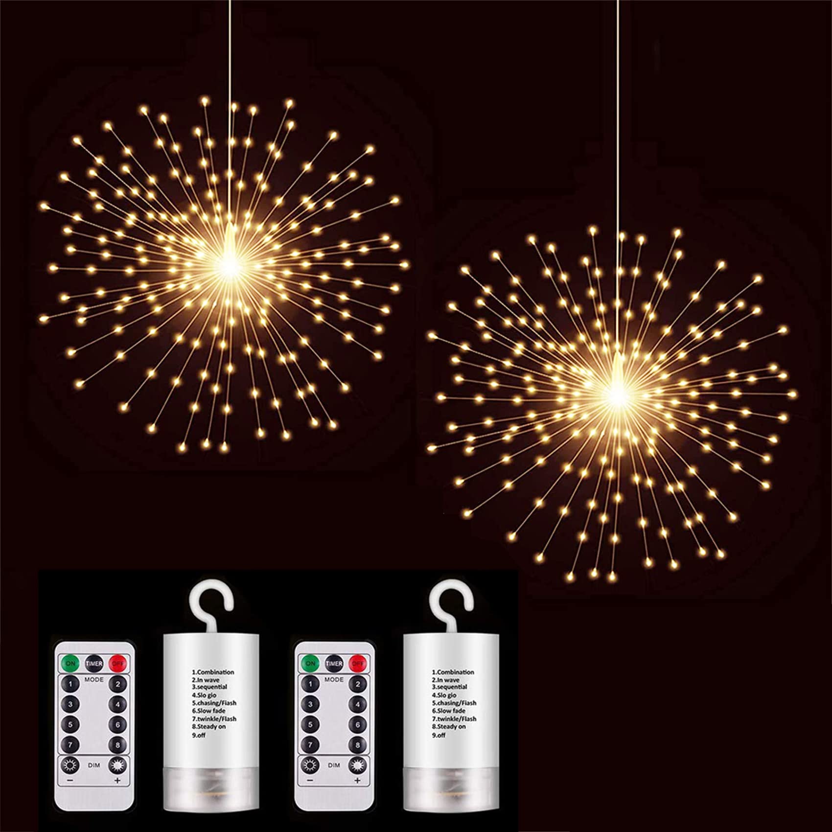 2 Pack Starburst Sphere Fairy Lights - 200 LED Firework Lights with 8 Modes & Dimmable Remote Control, Waterproof Copper Wire Hanging Lights for Outdoor Patio, Garden, Christmas Decorations (Battery Operated) - Perfect for Parties, Weddings & Holiday Displays