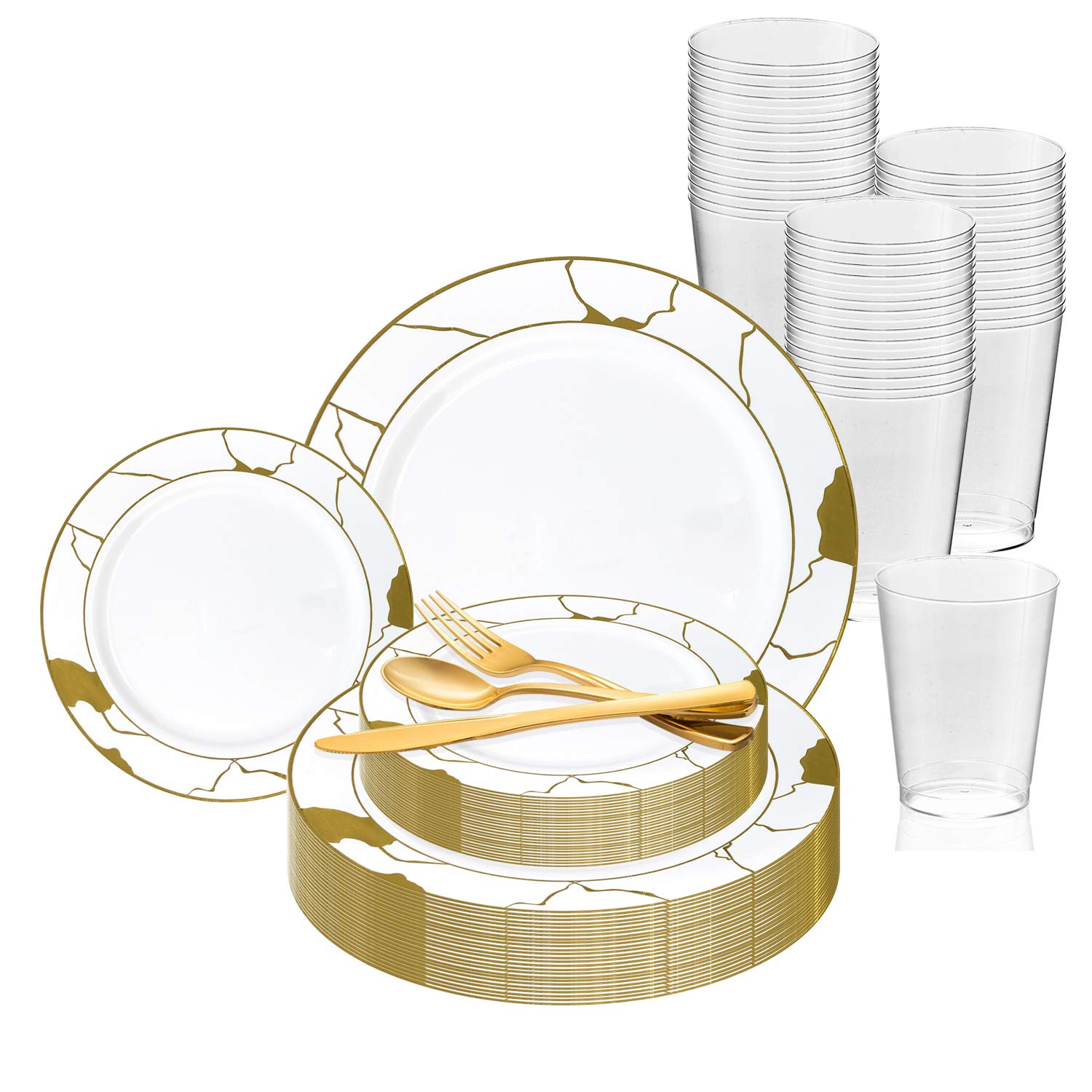 Elegant Disposable Plastic Dinnerware Set for 60 Guests - Premium White with Gold Marble Rim Plates, Dessert Plates, Cutlery & Cups Bulk | Perfect for Weddings, Birthday Parties, Baby Showers & Special Events | Durable & Stylish Tableware for Hassle-Free Entertaining
