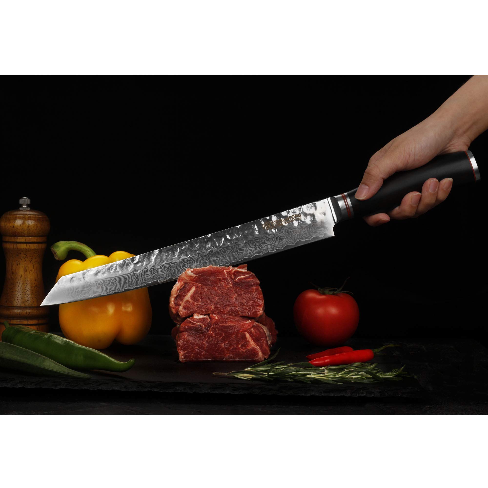 YOUSUNLONG 11-inch Japanese Sujihiki Knife - Professional Damascus Steel Carving & Slicing Knife with Ergonomic Ebony Handle - Perfect for Sushi, Roast Meat, and Precision Cutting