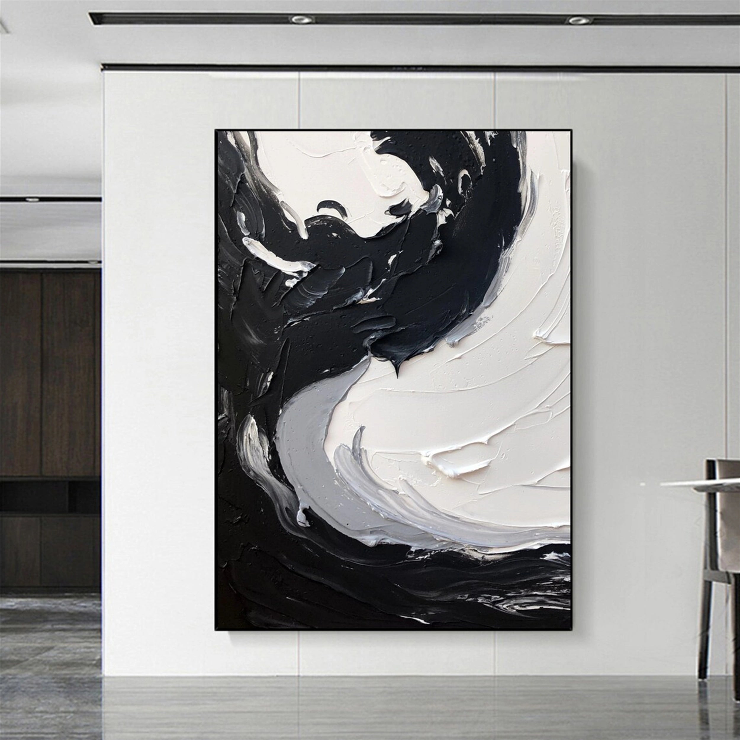 Black and White Textured Minimalist Wall Art Print #MZ068 - Modern Abstract Canvas Painting for Living Room, Bedroom & Office Decor