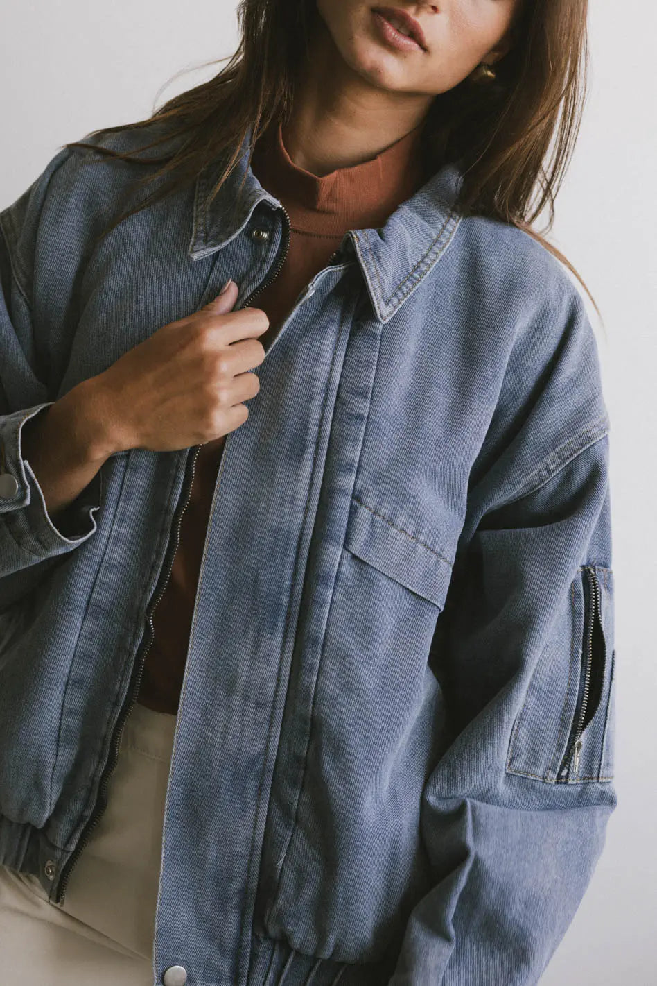 Maeve Women's Denim Bomber Jacket - Stylish Lightweight Casual Outerwear for Spring & Fall | Perfect for Everyday Wear, Date Nights & Weekend Outings