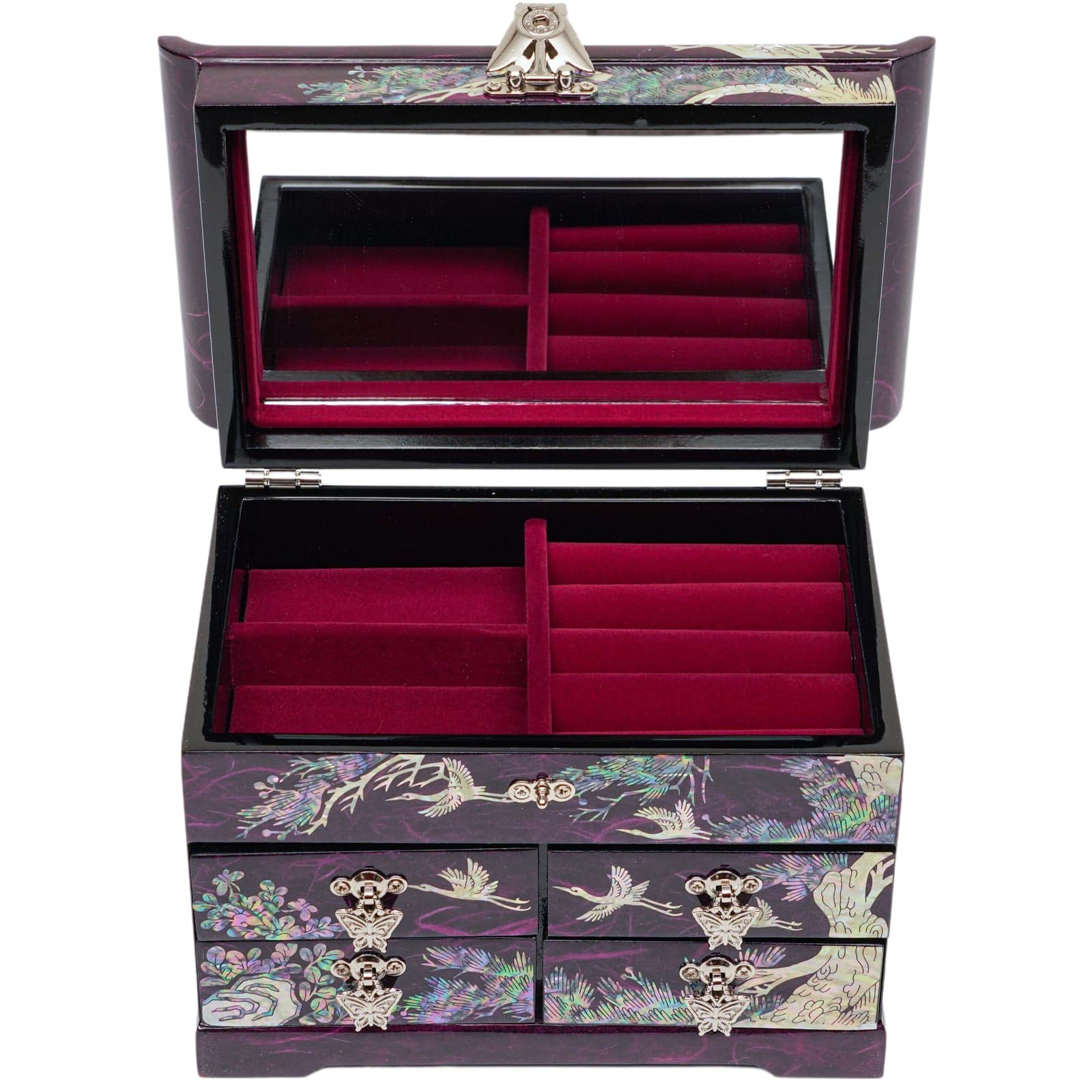 February Mountain Mother of Pearl Wooden Jewelry Organizer Box - Spacious Jewelry Storage for Women with Multiple Drawers | Perfect for Rings, Bracelets, Watches, Necklaces & Accessories | Elegant Home Decor & Gift Idea (Crane Purple)