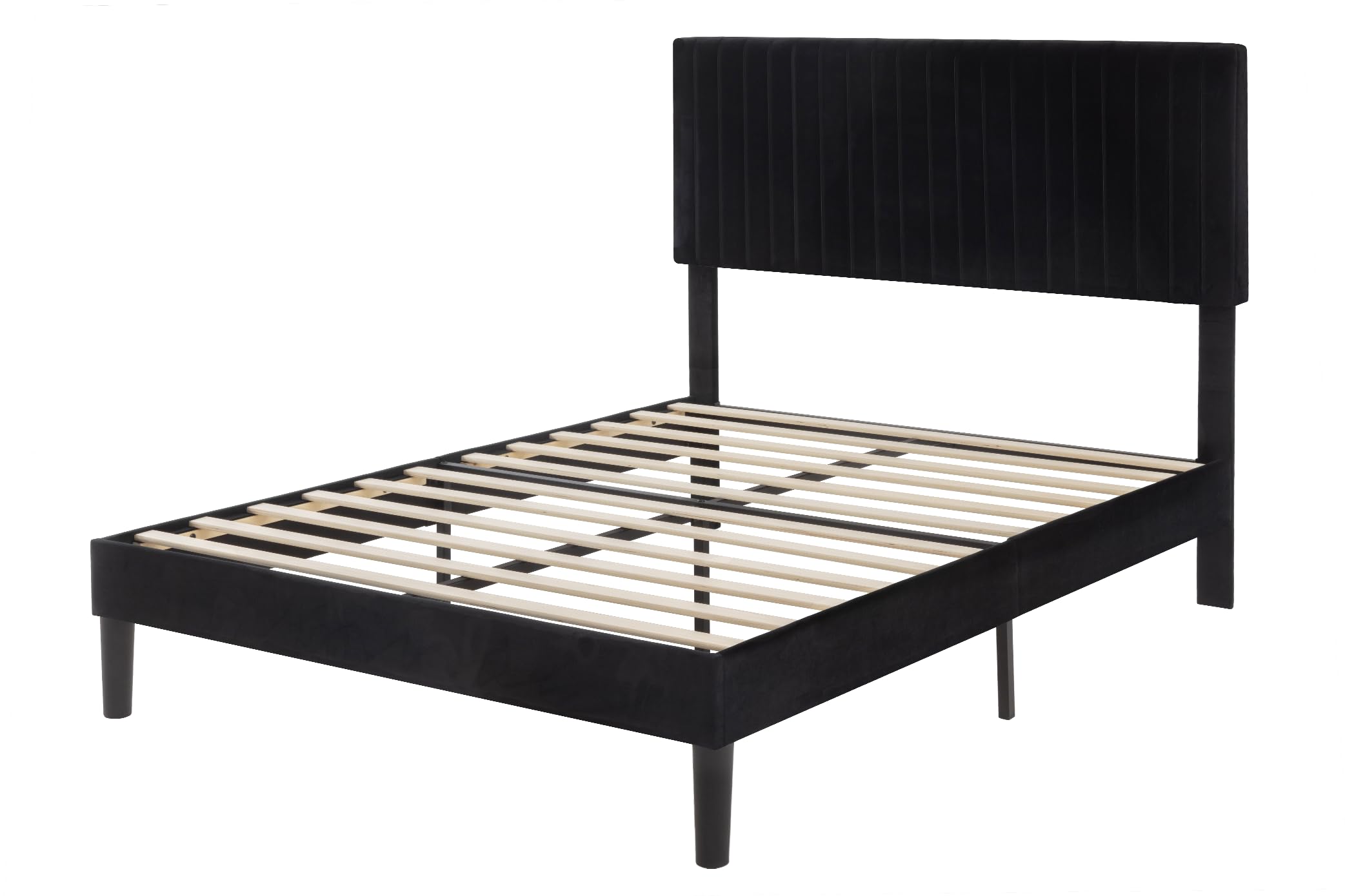 Queen Upholstered Platform Bed Frame with Adjustable Headboard - Vertical Channel Tufted Velvet Fabric, Wooden Slats Support, No Box Spring Needed - Black | Modern Bedroom Furniture for Master Suite, Guest Room & Apartment