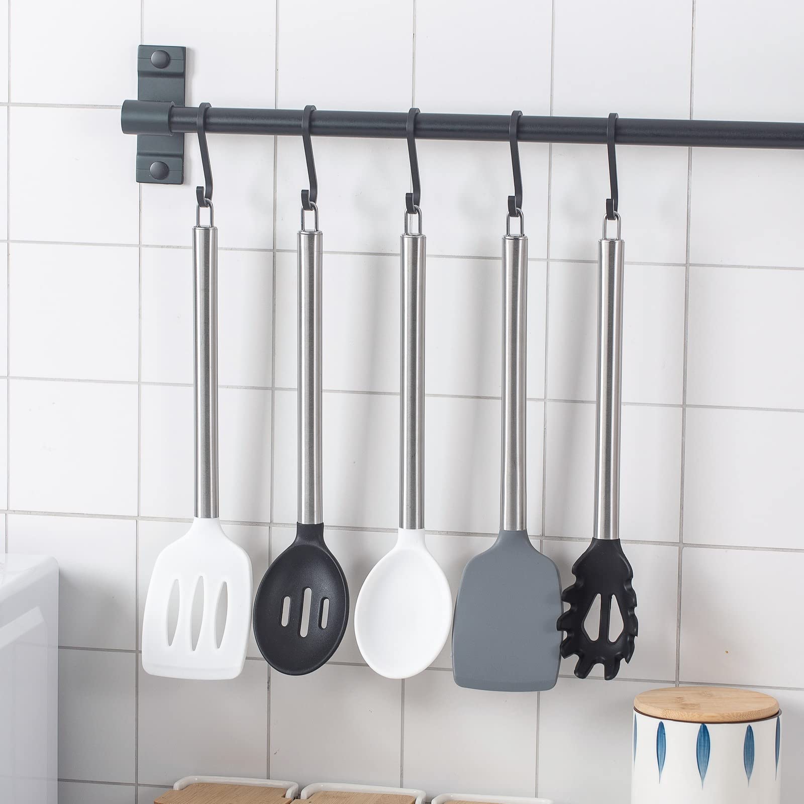 Premium 5-Piece Silicone Cooking Utensil Set - Heat-Resistant & Non-Scratch Kitchen Tools for Nonstick Cookware (Black/White) | Essential Kitchen Gadgets for Baking, Stirring & Serving | Dishwasher Safe & Easy to Clean