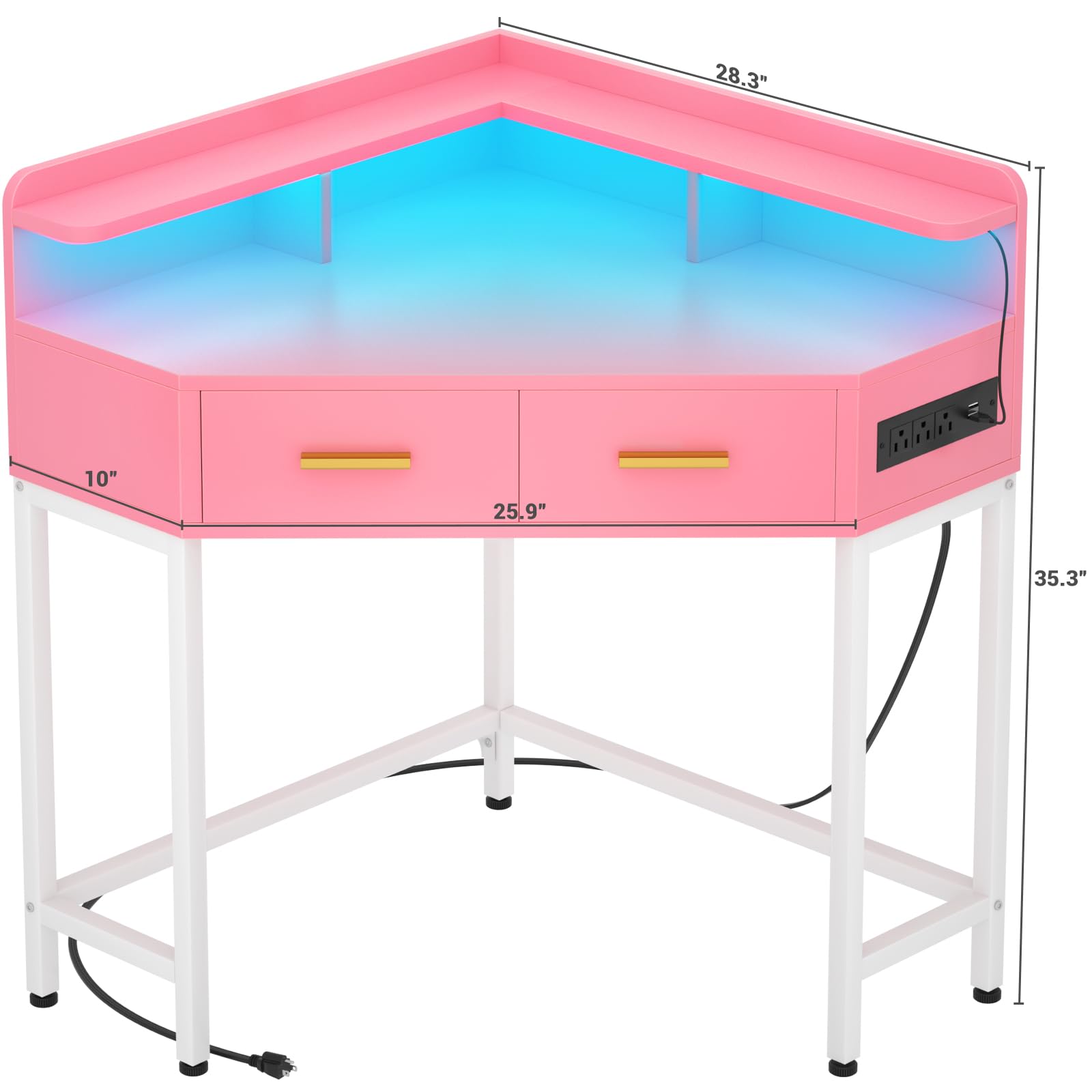 Cyclysio Pink Triangle Corner Desk with LED Lights & USB Charging Station - Small Space Computer Desk for Bedroom, Home Office, Makeup Vanity with Storage Drawers - Perfect for Gaming, Studying & Beauty Routines