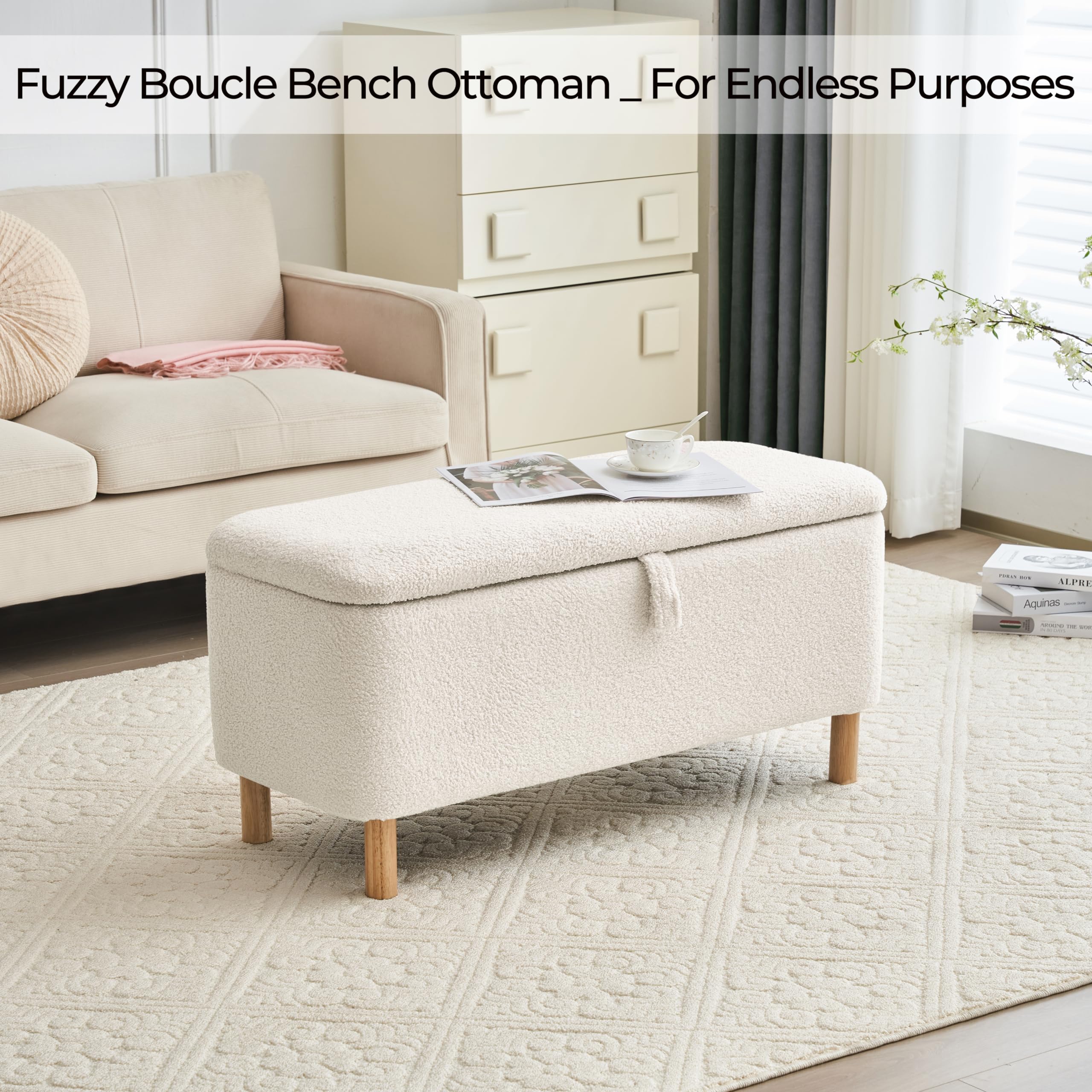 Sherpa Upholstered Storage Ottoman Bench - Rectangle Padded Blanket Chest for Bedroom, Living Room & Entryway | Multi-Functional Shoe Storage Seat with Cushion | Perfect for Bed Foot, Blanket Organization & Home Decor (Off White)