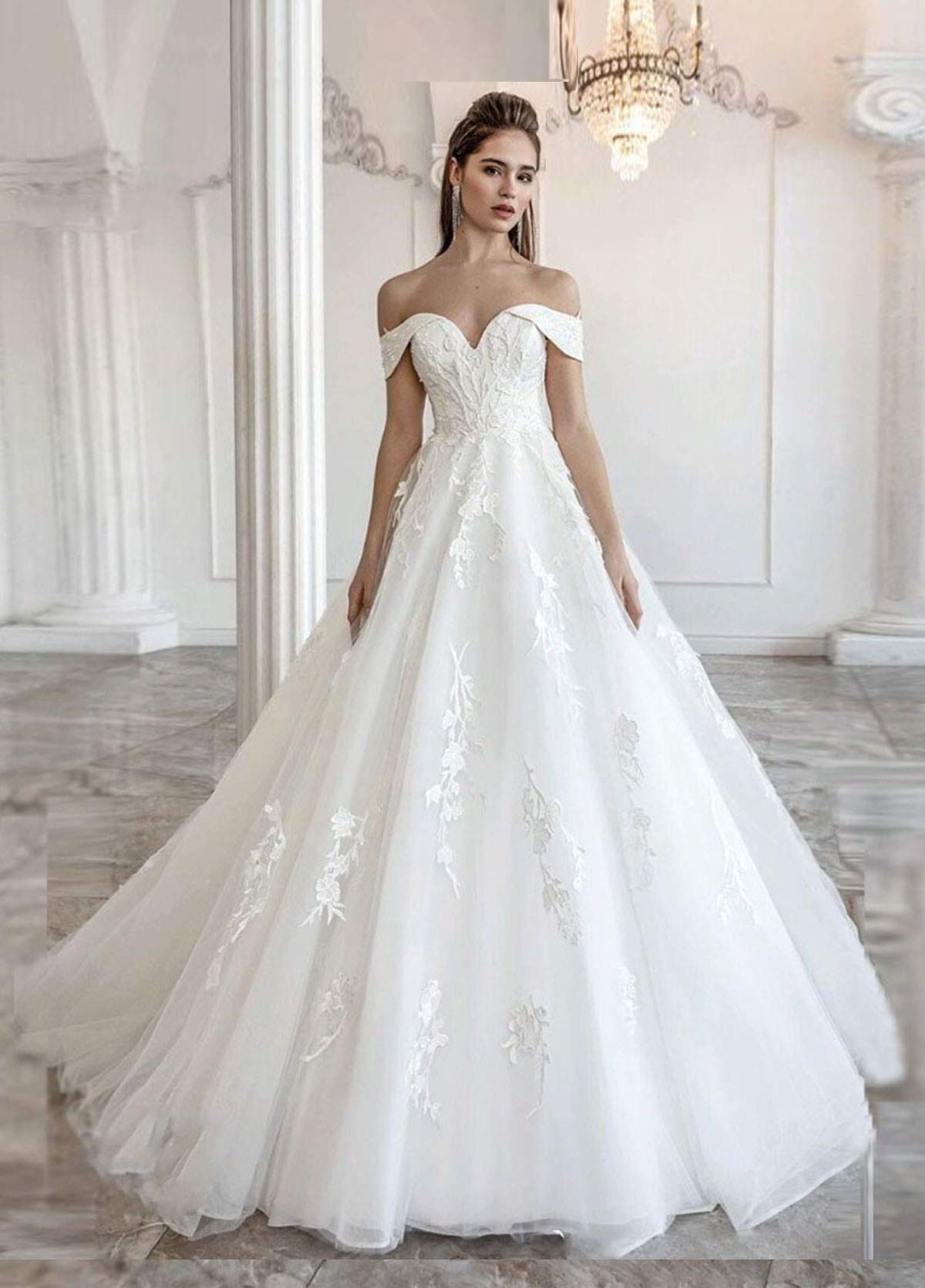 Elegant A-Line Lace Train Wedding Dress for Bride - Off Shoulder Strapless Tulle Gown | Perfect for Church Ceremony, Beach Wedding & Romantic Photoshoot
