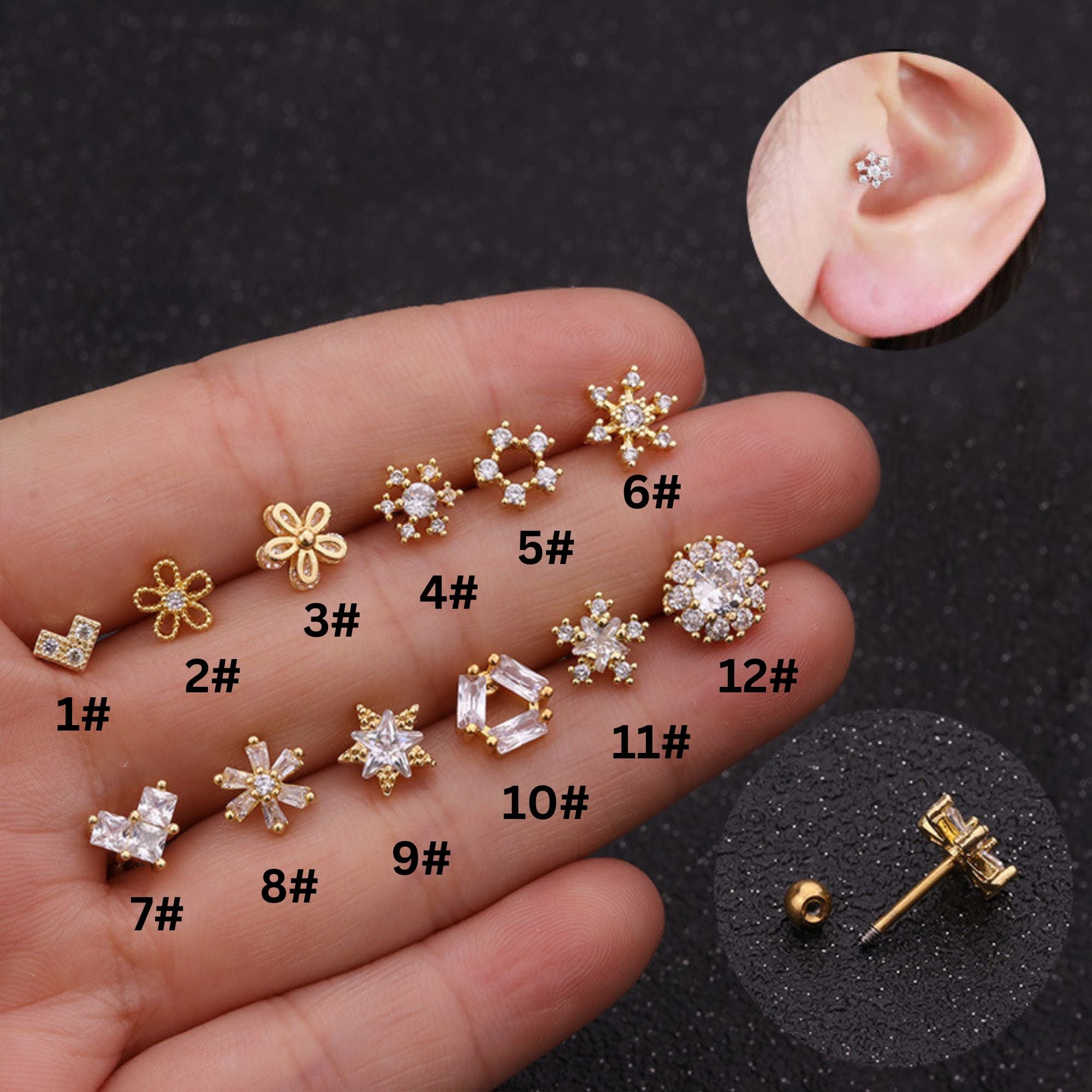 20G Snowflake Cartilage Conch Sleeper Stud Earrings for Women - HSPJ1917 | Dainty Hypoallergenic Earrings for Daily Wear & Special Occasions