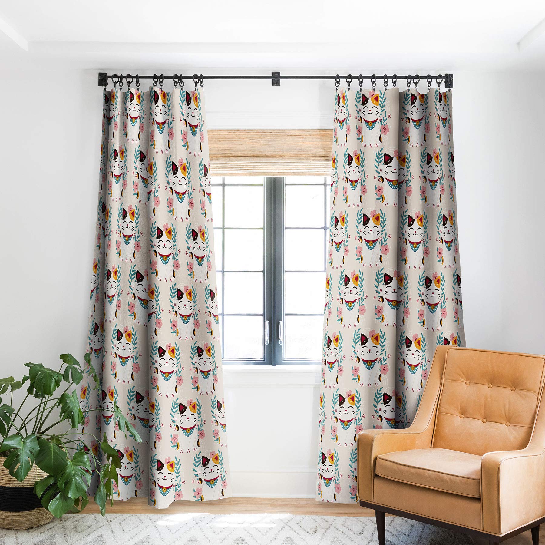 Lucky Cat & Cherry Blossoms Blackout Curtains - 50x96 Inch Japanese Style Window Drapes for Bedroom & Living Room - Block Light & Noise for Better Sleep