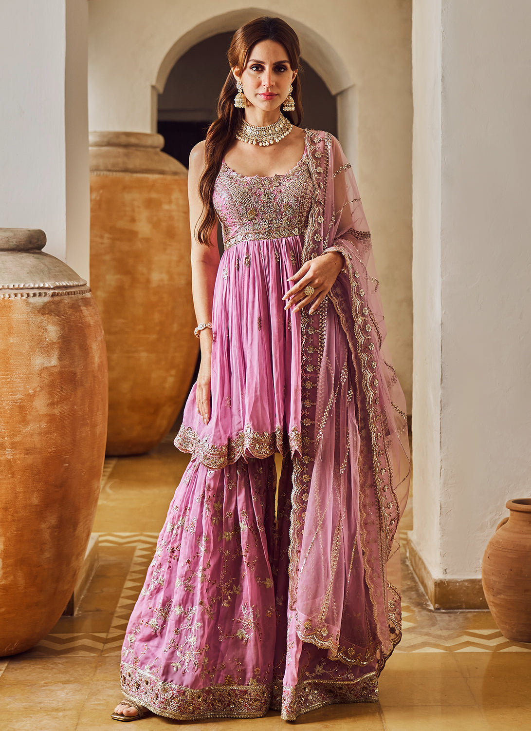 Lilac Rose Embroidered Gharara Suit for Women | Traditional Pakistani Wedding Outfit | Elegant Party Wear & Bridal Shalwar Kameez | Perfect for Weddings, Festivals & Special Occasions