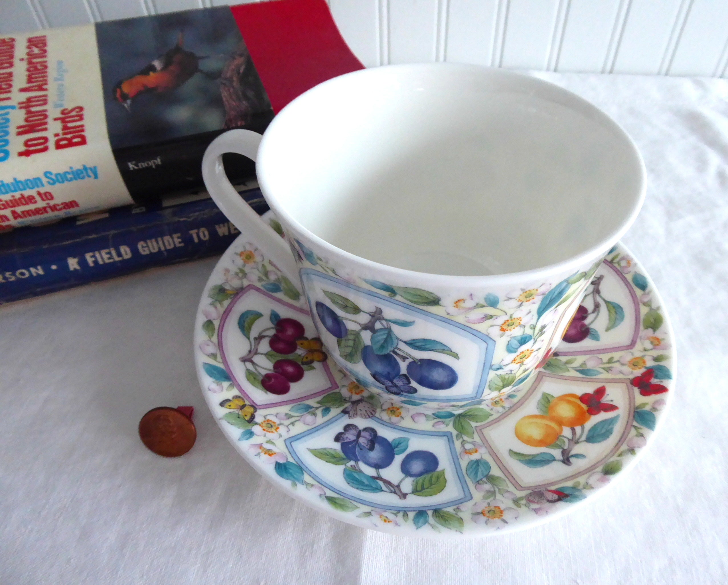 Roy Kirkham Bone China Breakfast Cup and Saucer Set with Prunus Fruit & Butterfly Design - Elegant Tea Set for Morning Coffee, Afternoon Tea, and English Breakfast (6.5 oz)