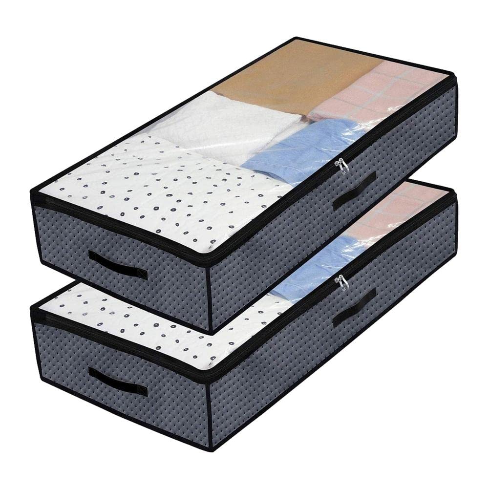 SOUCON Foldable Clothes Organizer - 2 Pack Large Under Bed Storage Bags with Zipper, Thick & Breathable Fabric for Seasonal Clothing, Blankets, Shoes (Black) - Perfect for Bedroom, Closet & Dorm Organization