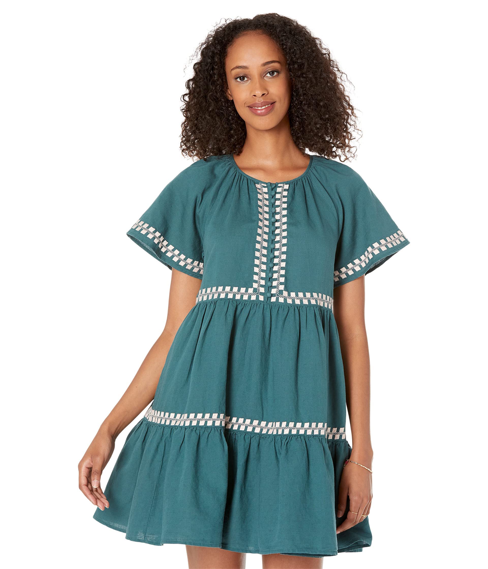 Madewell Embroidered Linen-Blend Flutter-Sleeve Mini Dress - Women's Summer Boho Chic Dress for Beach, Vacation & Date Night