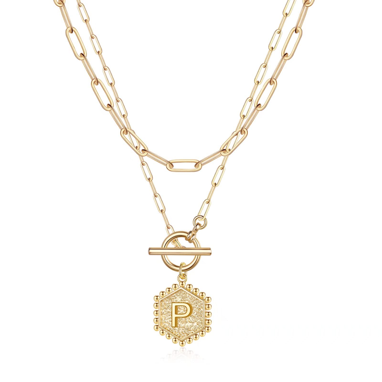 Layered Gold Necklaces for Women - 14K Gold Plated Paperclip Chain & Initial Pendant Necklace Set | Rose Gold & Silver Toggle Clasp Jewelry | Perfect for Layering, Everyday Wear & Gift Giving