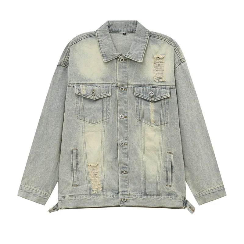 Men's Distressed Denim Jacket - American Style Faded Contrast Color Turn-Down Collar Coat | Trendy Fall Outerwear for Casual Wear & Street Style