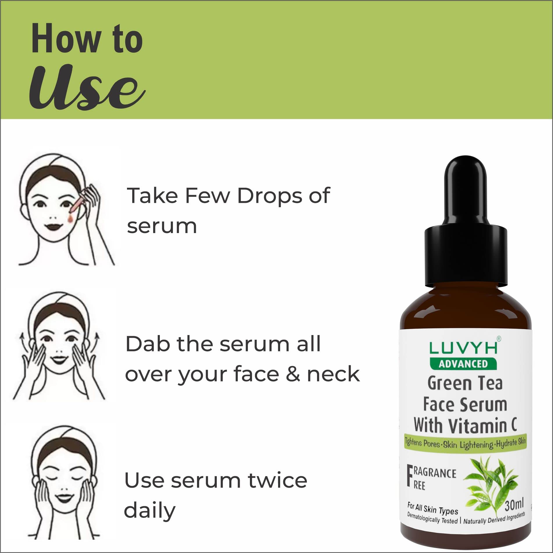 Luvyh Green Tea Face Serum with Vitamin C - Brightening & Smoothing 30ml | Anti-Aging Skincare for Glowing Skin | Day & Night Use