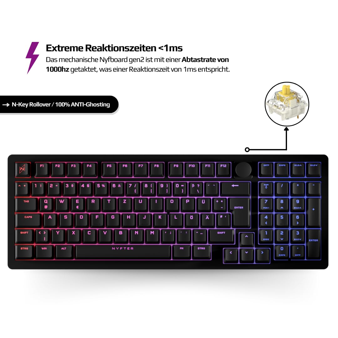 Nyfter 98% Gaming Keyboard - Hot-Swappable RGB Mechanical with Gateron Yellow Switches for PC Gamers