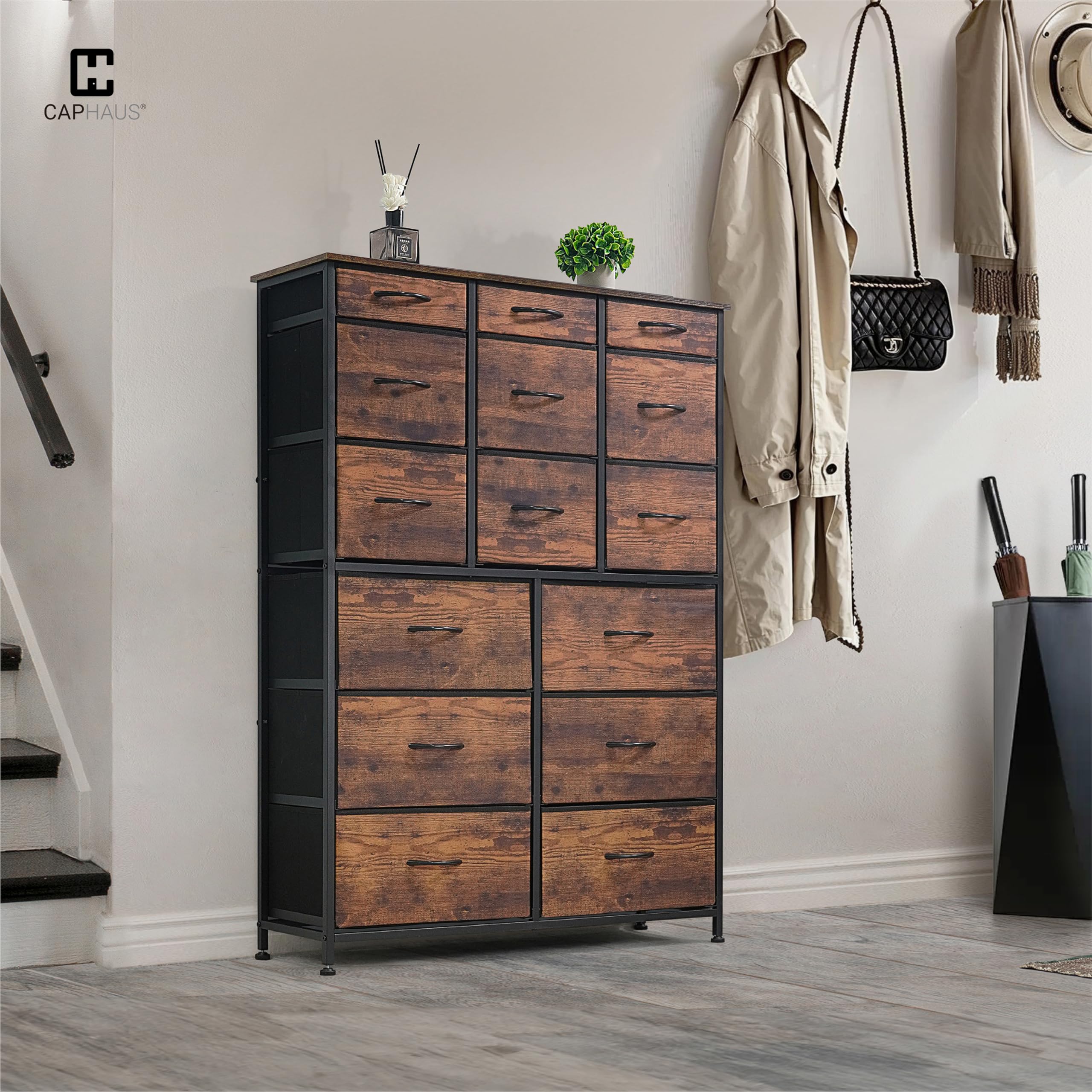 CAPHAUS 15-Bin Fabric Drawer Storage Tower with P2 Board Top - Laundry Organizer, Clothes Sorter, Multi-Purpose Chest of Drawers for Bedroom, Hallway & Office - Rustic Oak Finish for Home Organization
