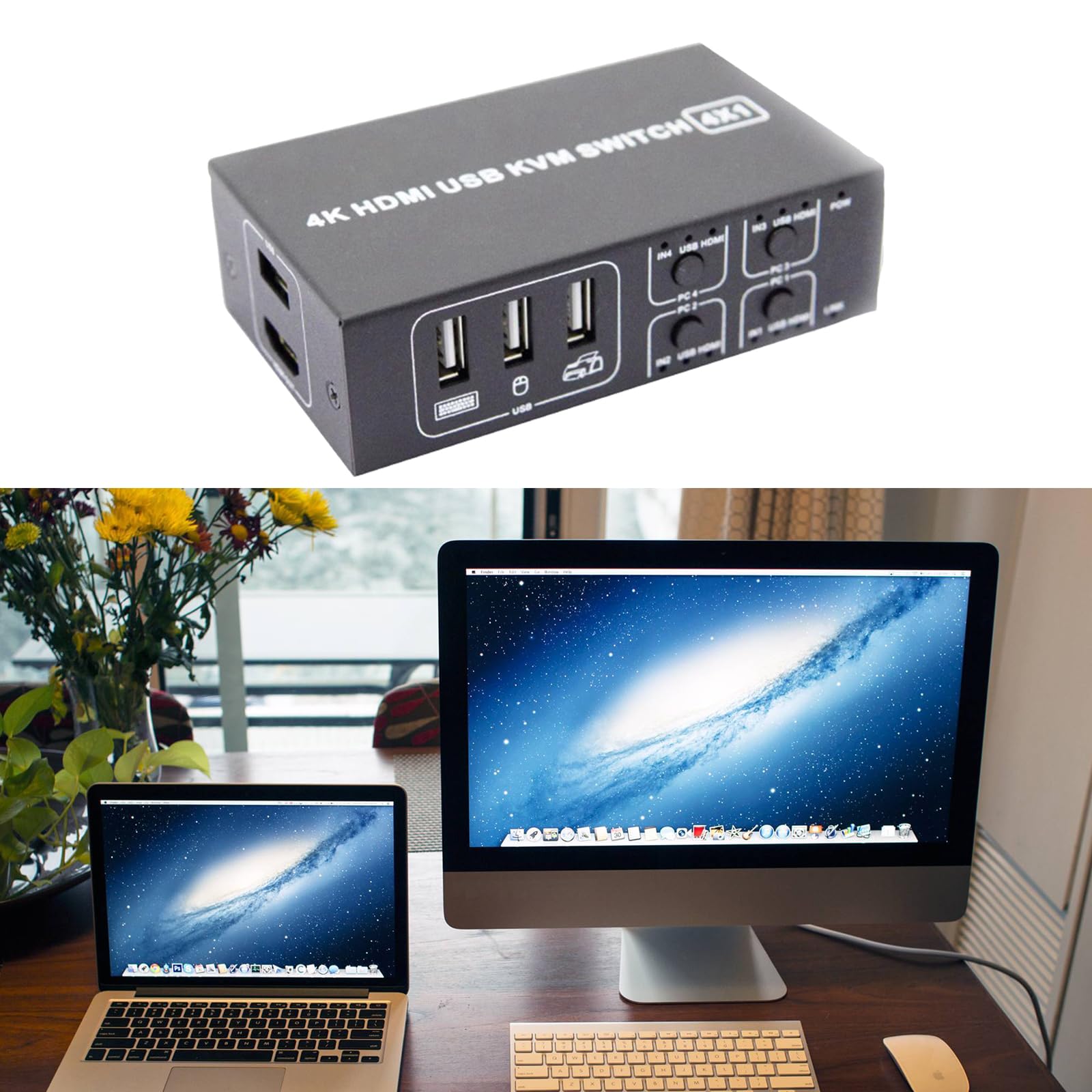 4-Port HDMI KVM Switch for 4 Computers - Seamless Switching Between Laptop, Mouse, Keyboard & Display - USB & Audio Support - Ideal for Home Office, Gaming & Multi-PC Setup