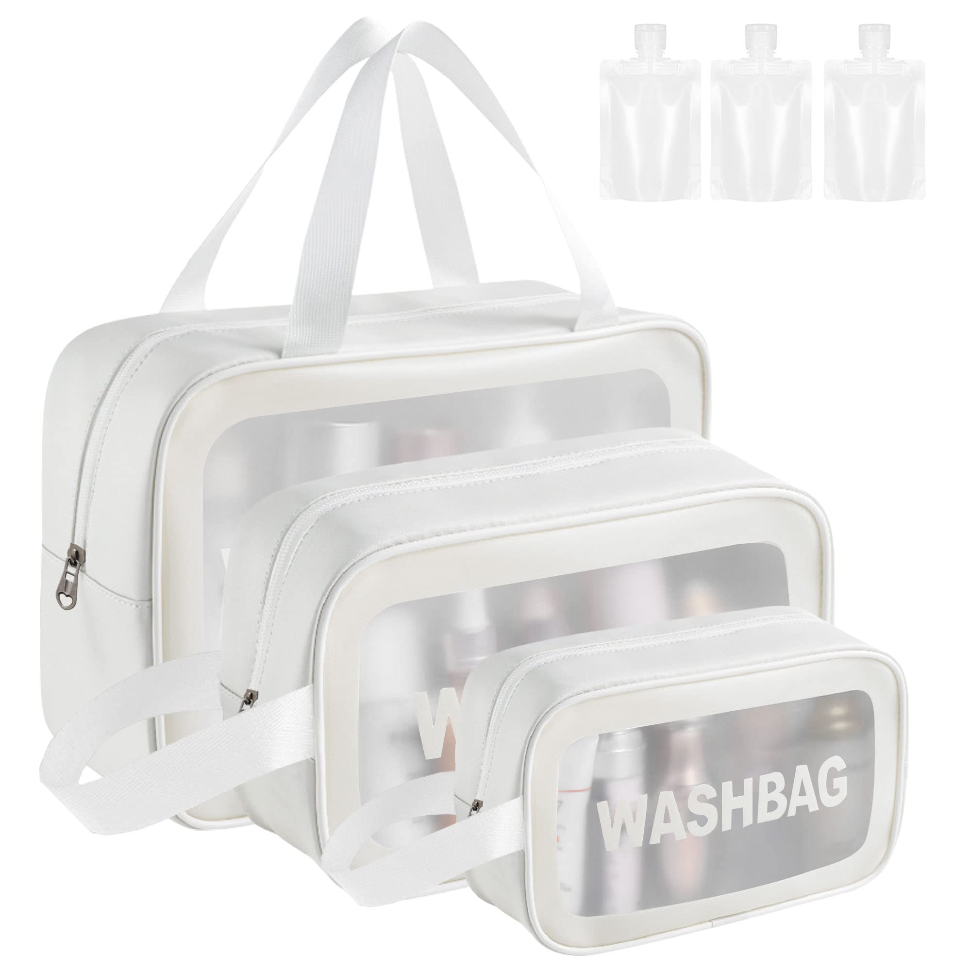 Waterproof Translucent Toiletry Bag Set for Women - 3-Piece Travel Cosmetic & Makeup Organizer for Bathroom, Gym, and On-the-Go Essentials (White) | Perfect for Air Travel, Weekend Getaways & Daily Use