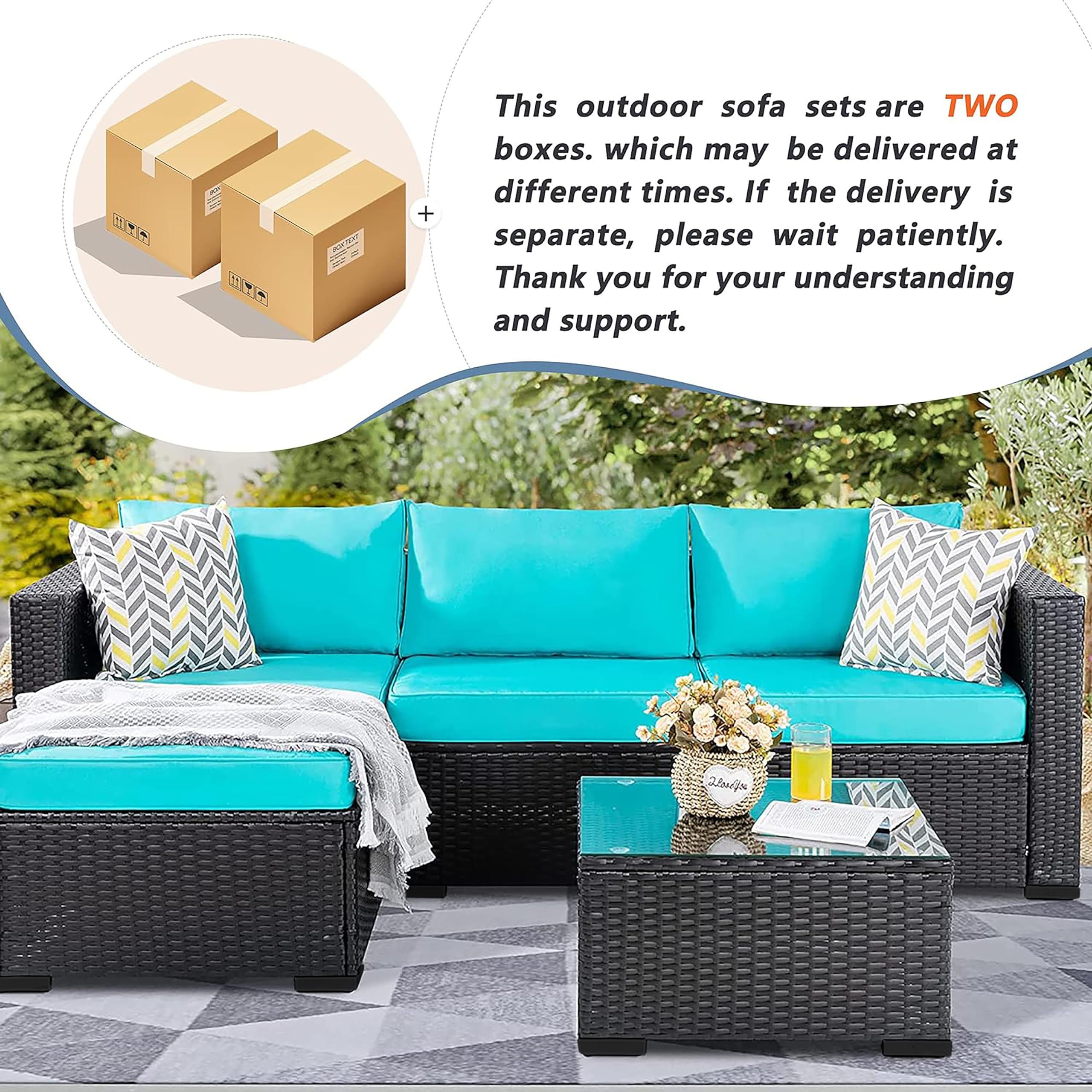 Shintenchi 3-Piece Outdoor Wicker Patio Sofa Set - All-Weather Rattan Sectional with Chaise Lounge, Glass Coffee Table & Washable Blue Cushions - Perfect for Backyard, Garden, Poolside or Balcony Relaxation