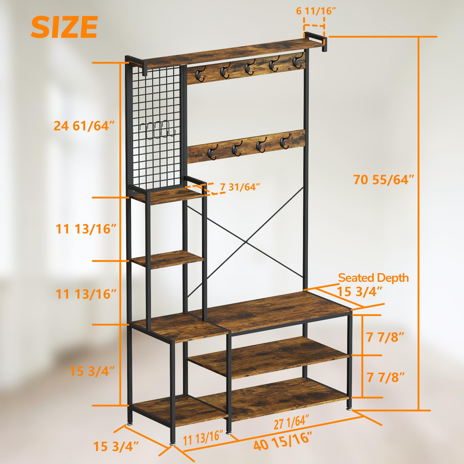 AMBIRD Entryway Hall Tree with Shoe Storage Bench - Coat Rack with 9 Hooks, Metal Grid Panel & Shelves - Rustic Brown & Ink Black (41