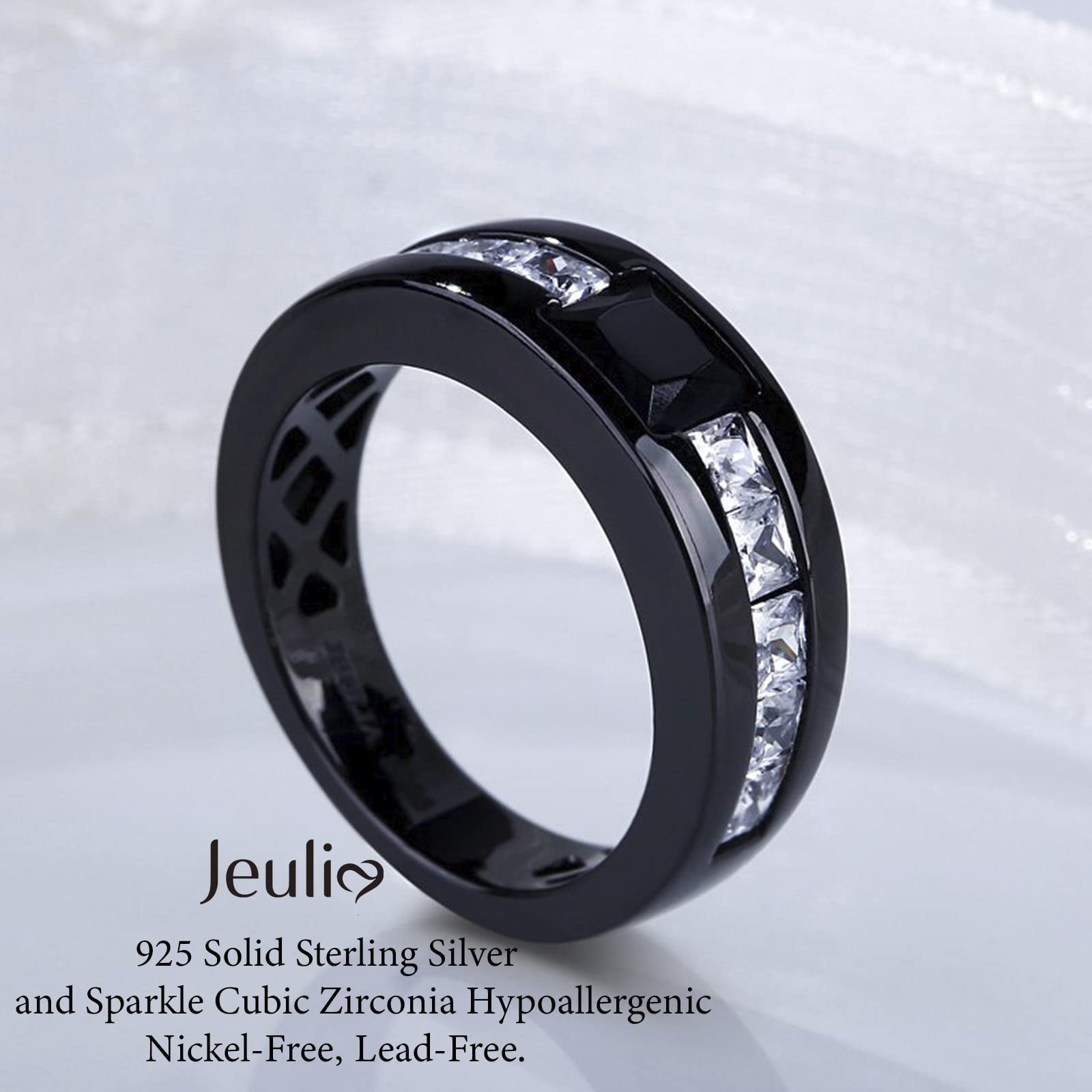Jeulia Sterling Silver Eternity Ring Set - Black Tone Princess Cut Wedding Band for Men & Women, Diamond Engagement Stacking Rings with Jewelry Gift Box | Perfect for Anniversaries, Proposals & Special Occasions
