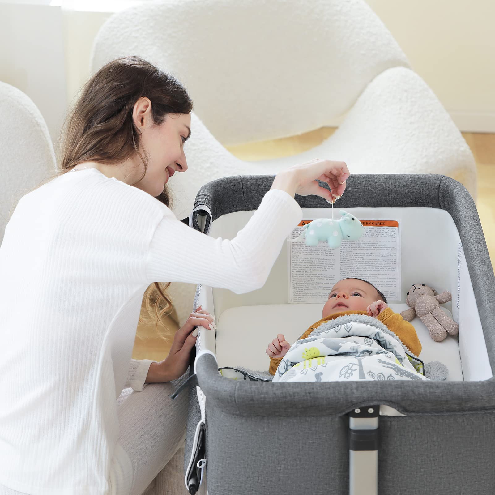 Ihoming Portable Baby Bassinet Bedside Sleeper - Adjustable Newborn Crib with Storage Basket & Easy Folding Design, Gray | Perfect for Nursery, Bedroom Co-Sleeping & Travel Use