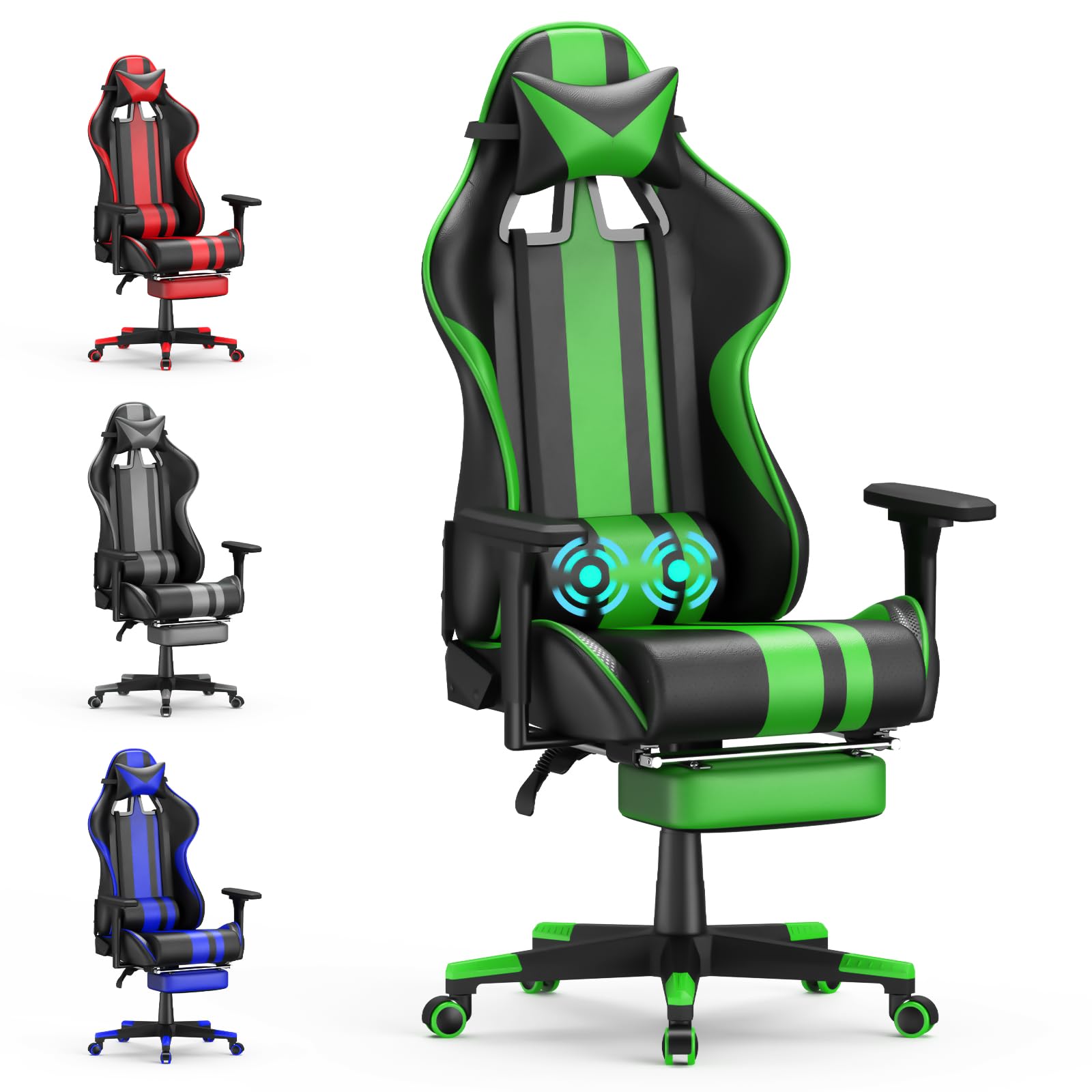 Soontrans Green Ergonomic Gaming Chair with Footrest - PU Leather Office Computer Chair with Adjustable Lumbar Support & Headrest for Adults - Perfect for Home Gaming Setup, Work from Home & Office Workspace
