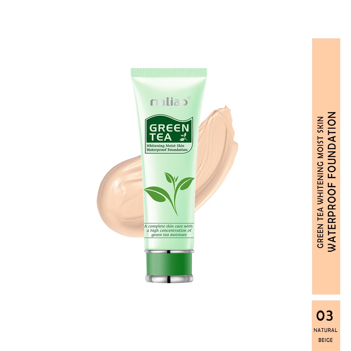 Maliao Green Tea Whitening Moist Skin Waterproof Foundation - Full Coverage, Hydrating & Smooth Finish, SPF Protection, Long-Lasting & Oil-Free, Brightening & Even Skin Tone, Natural Beige 80g | Perfect for Daily Wear, Special Occasions & Photo Shoots