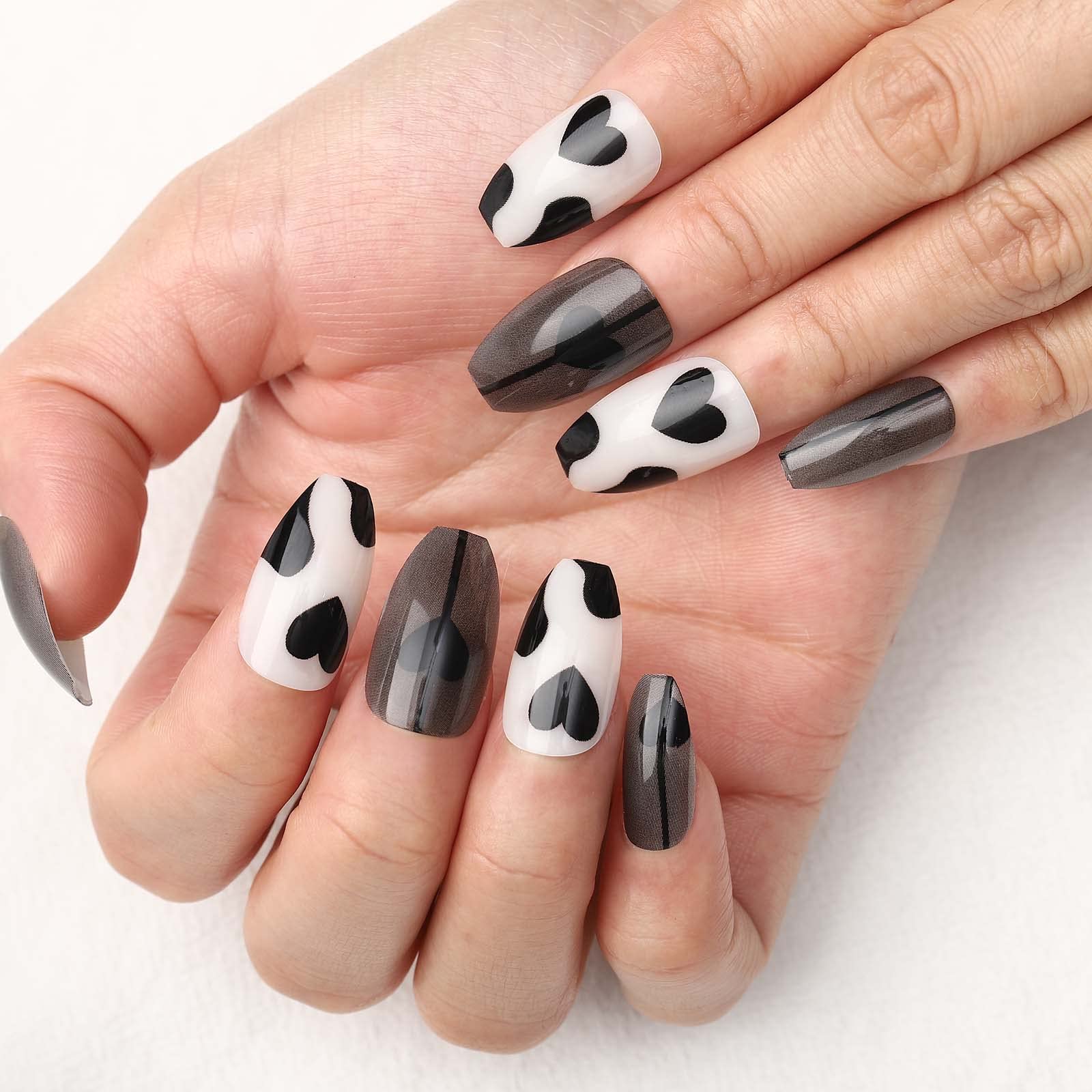 Acenail Press on Nails - Medium Length Glossy Fake Nails with 3D French Tip Designs, 24Pcs Clear Full Cover Acrylic Artificial Nails for Women & Girls (#7 Coffin Heart) - Perfect for Parties, Weddings & Everyday Glam