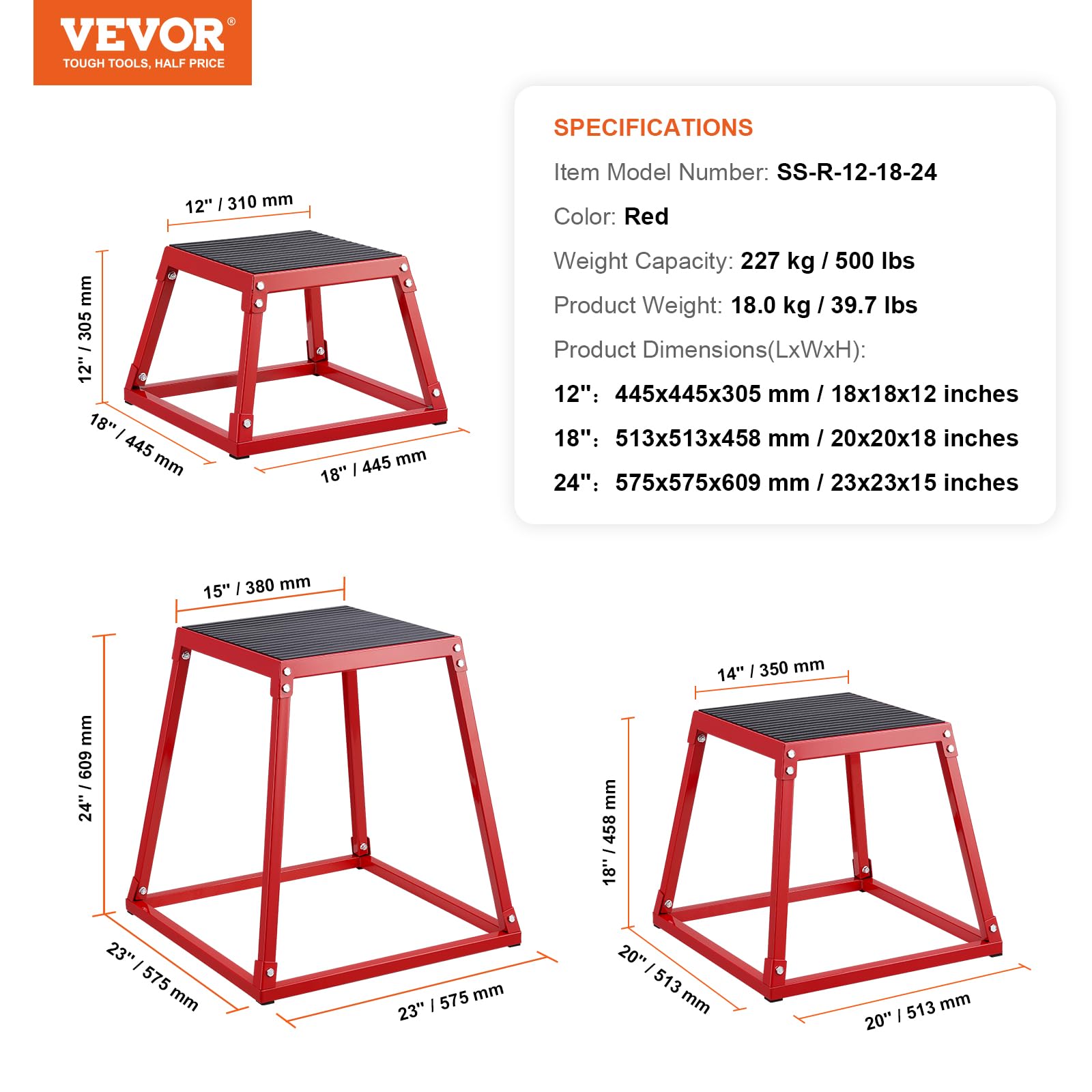 VEVOR 18 Inch Plyometric Jump Box - Steel Plyo Box for Agility Training, Strength Conditioning & Home Gym Workouts - Anti-Slip Fitness Step Platform for CrossFit, HIIT & Athletic Performance