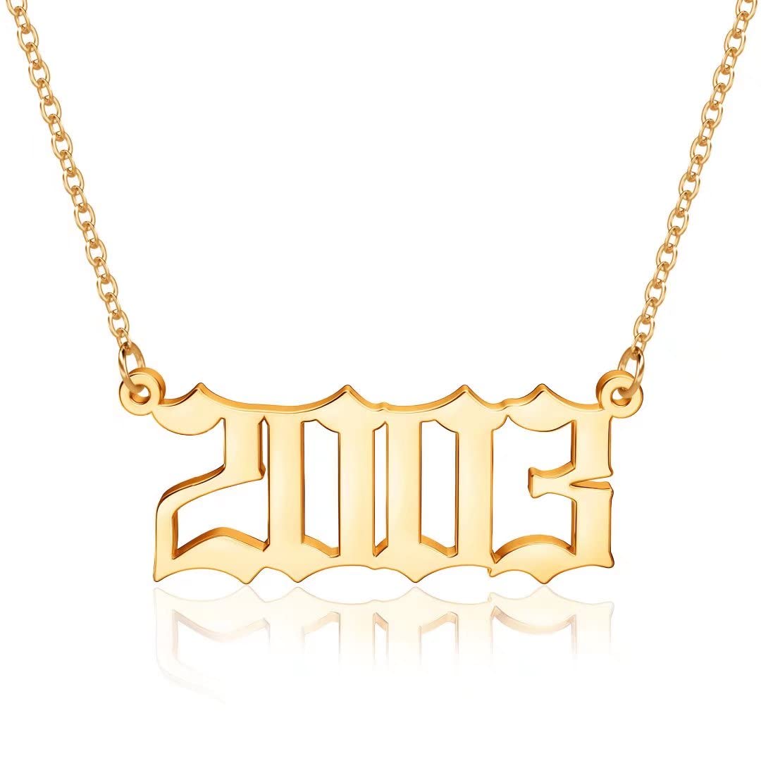 18K Gold Plated Old English Birth Year Necklace for Women - Personalized Jewelry Gift for Birthday, Anniversary (1970-2021) | Elegant Layering Necklace for Everyday Wear & Special Occasions
