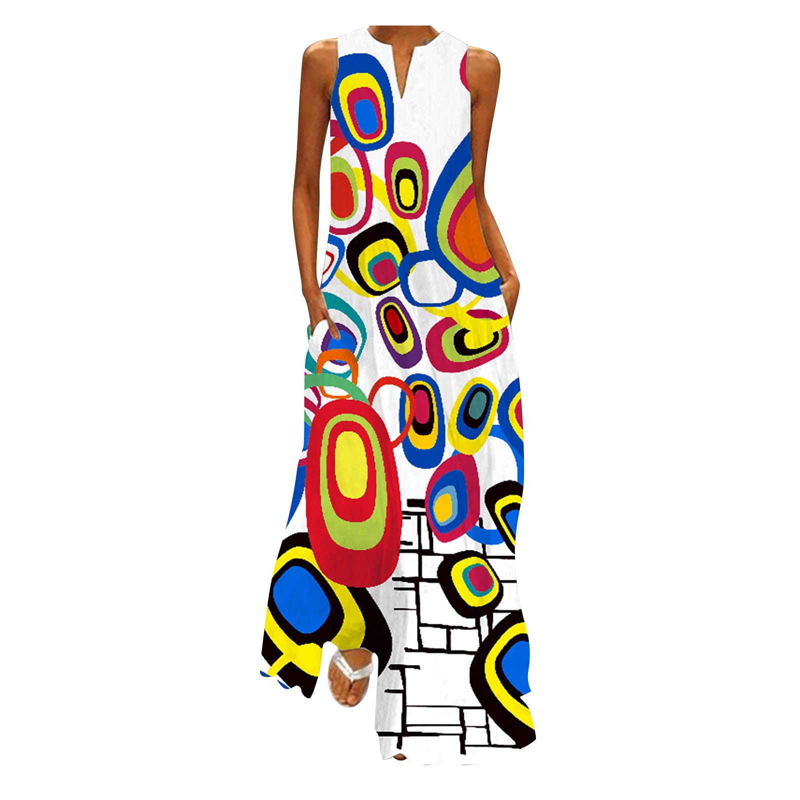 Women's Sleeveless V-Neck Cami Maxi Dress - Floral Print Summer Party Dress for Casual Wear & Beach Vacations