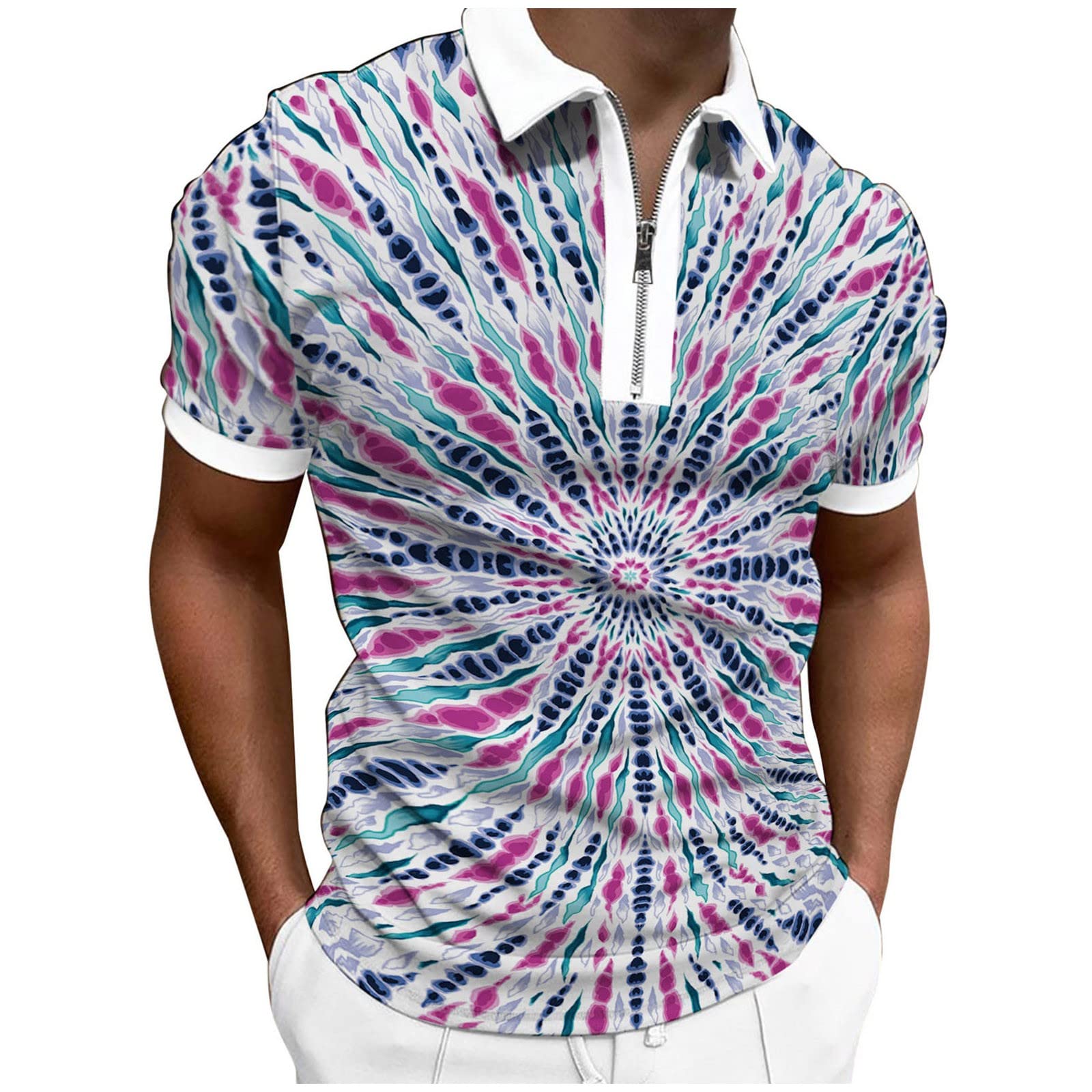 Men's White Cotton T-Shirt - Short Sleeve Casual Top with Lapel & Zipper Design for Spring/Summer | Printed Fashion Tee for Everyday Wear, Outings & Street Style