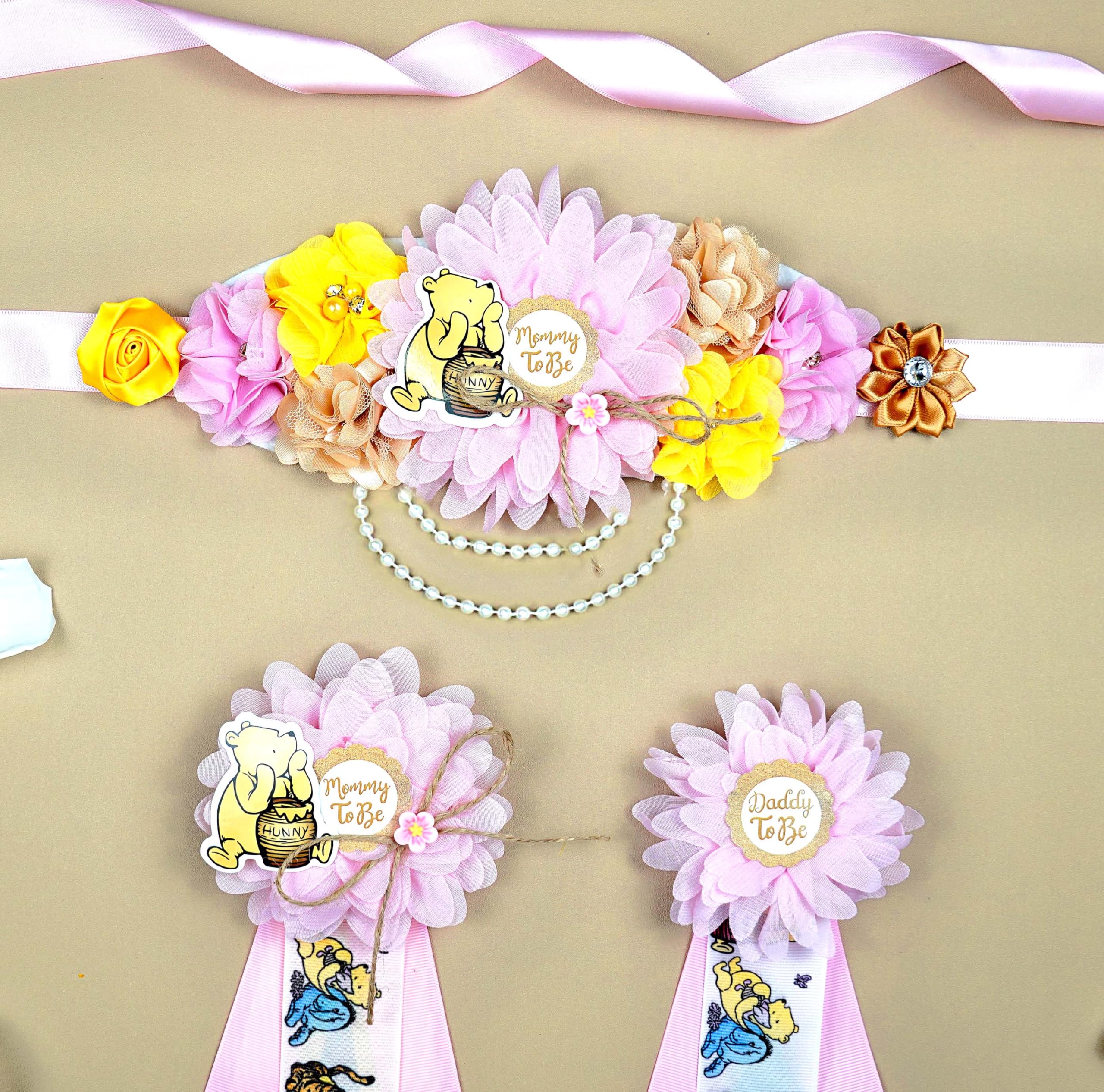 3 Pack Bear Mom to Be & Daddy to Be Sash Set - Baby Shower Corsage Pins, Maternity Sash Belly Belt for Gender Reveal Party Decor - Perfect for Baby Shower, Gender Reveal & Maternity Photos (Pink Girl Theme)
