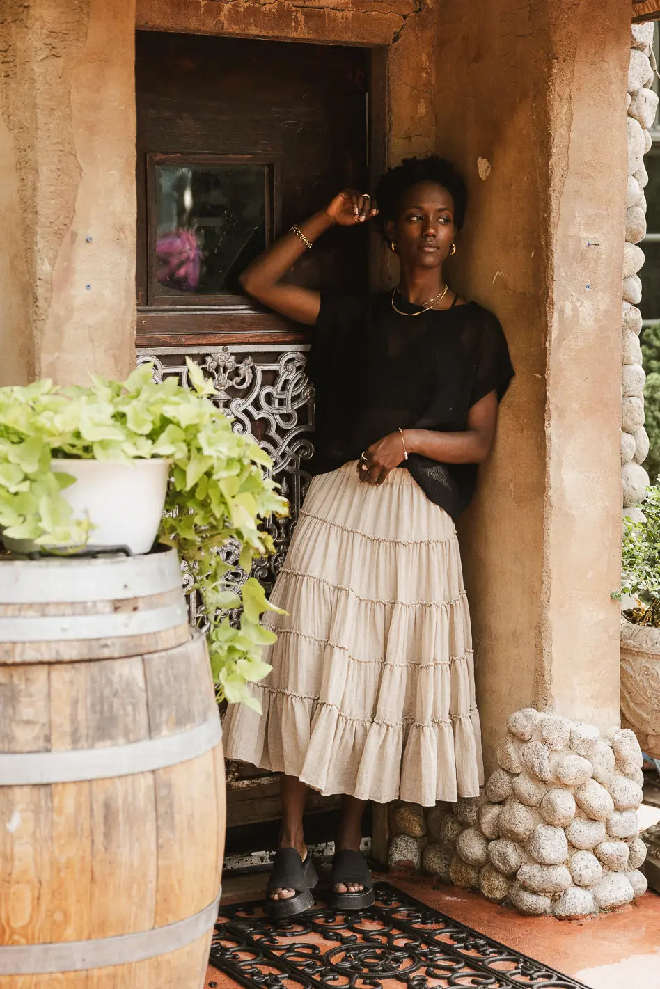Minerva Tiered Midi Skirt in Taupe - Women's Flowy A-Line Skirt for Casual & Office Wear | Perfect for Spring & Summer Outfits