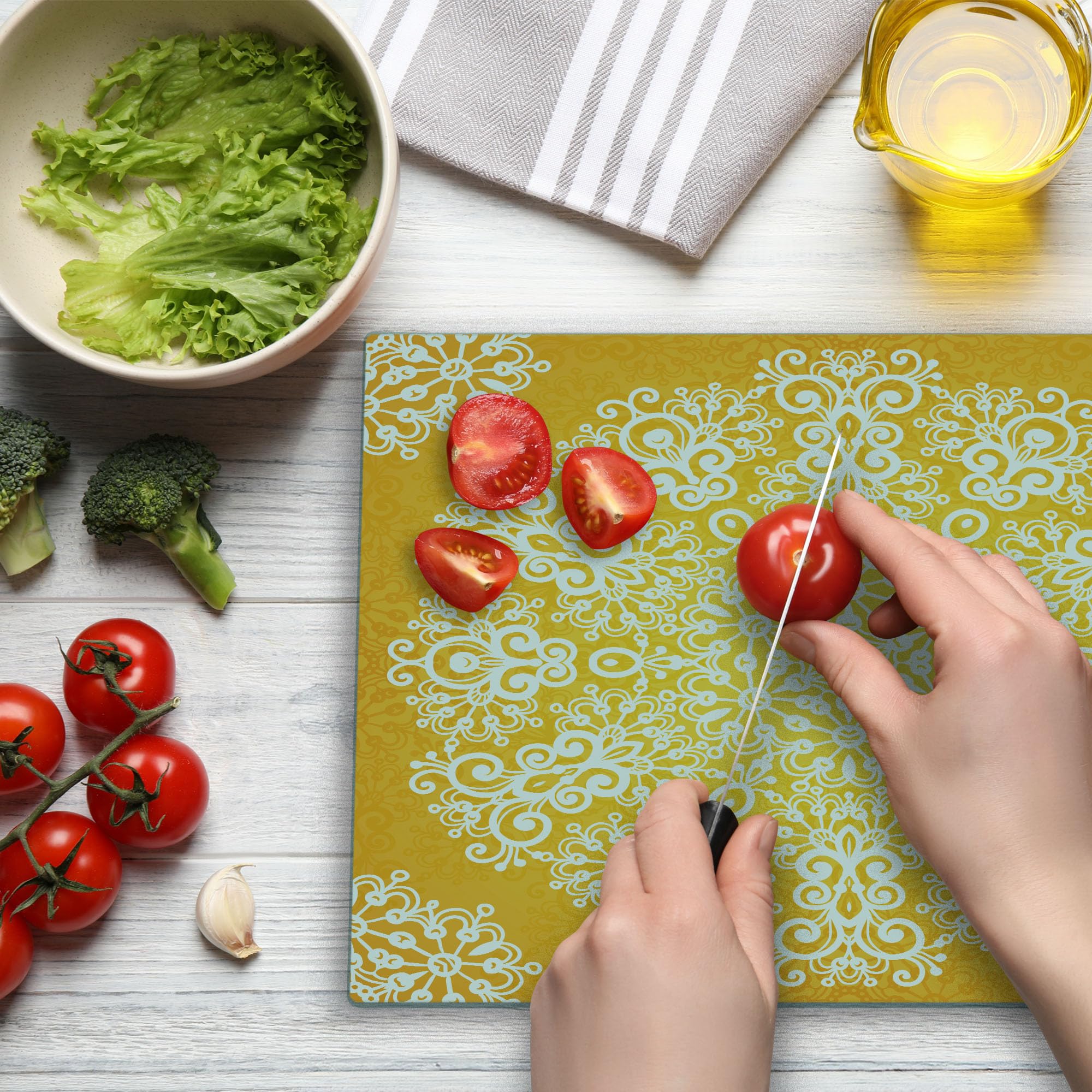 Ambesonne Yellow Glass Cutting Board - Floral Tribal Design for Kitchen & Serving