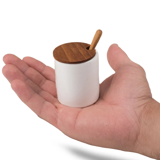 Premium Ceramic Mini Cellar with Teak Wood Lid & Spoon - Perfect for Storing Spices, Tea, Coffee & Small Kitchen Essentials