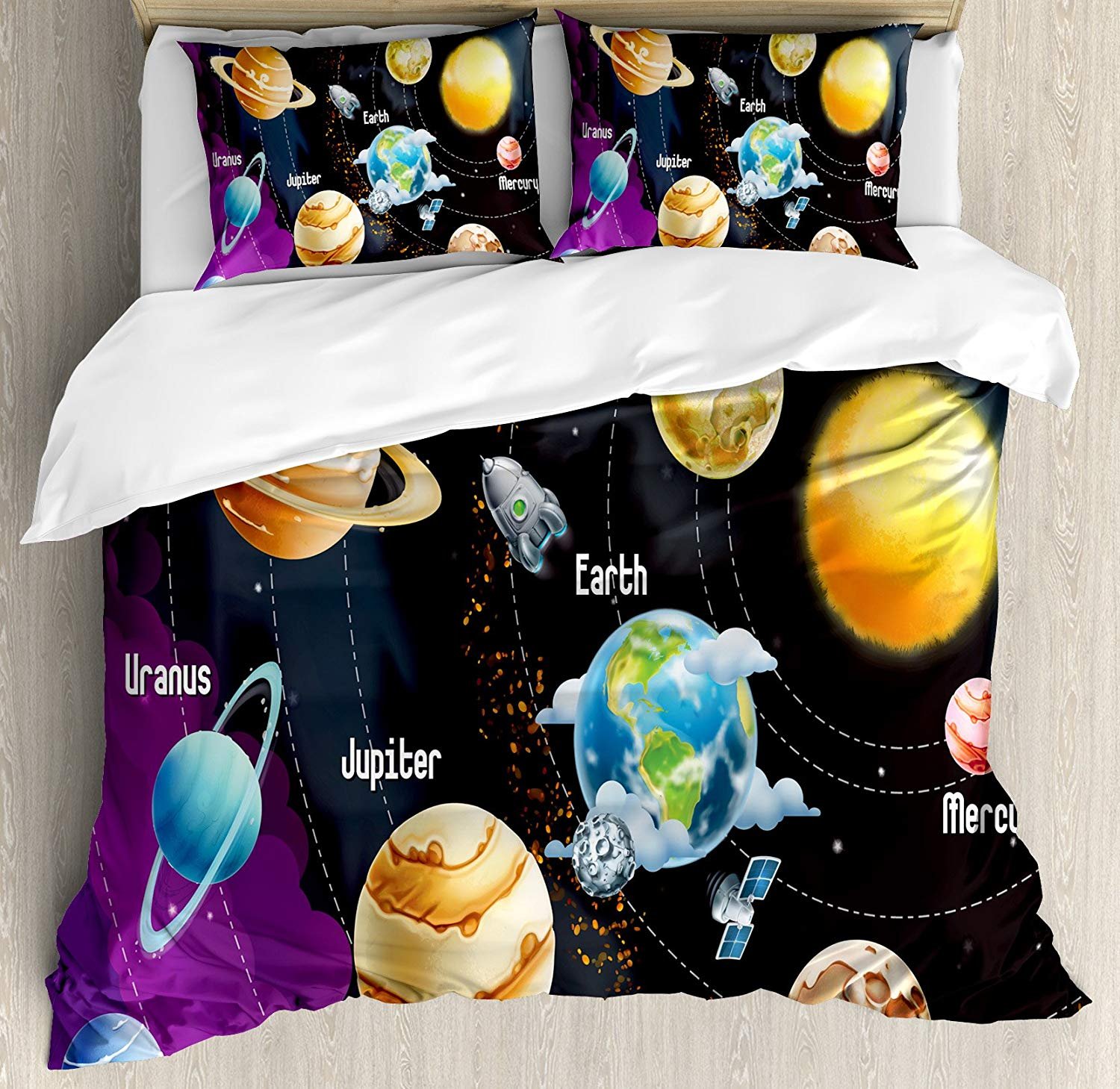 3 Piece Full Size Outer Space Bedding Set - Duvet Cover with Zipper Closure & 2 Pillow Shams, Solar System Planets Milky Way Galaxy Design - Perfect for Kids Room, Teen Bedroom and Space Themed Decor